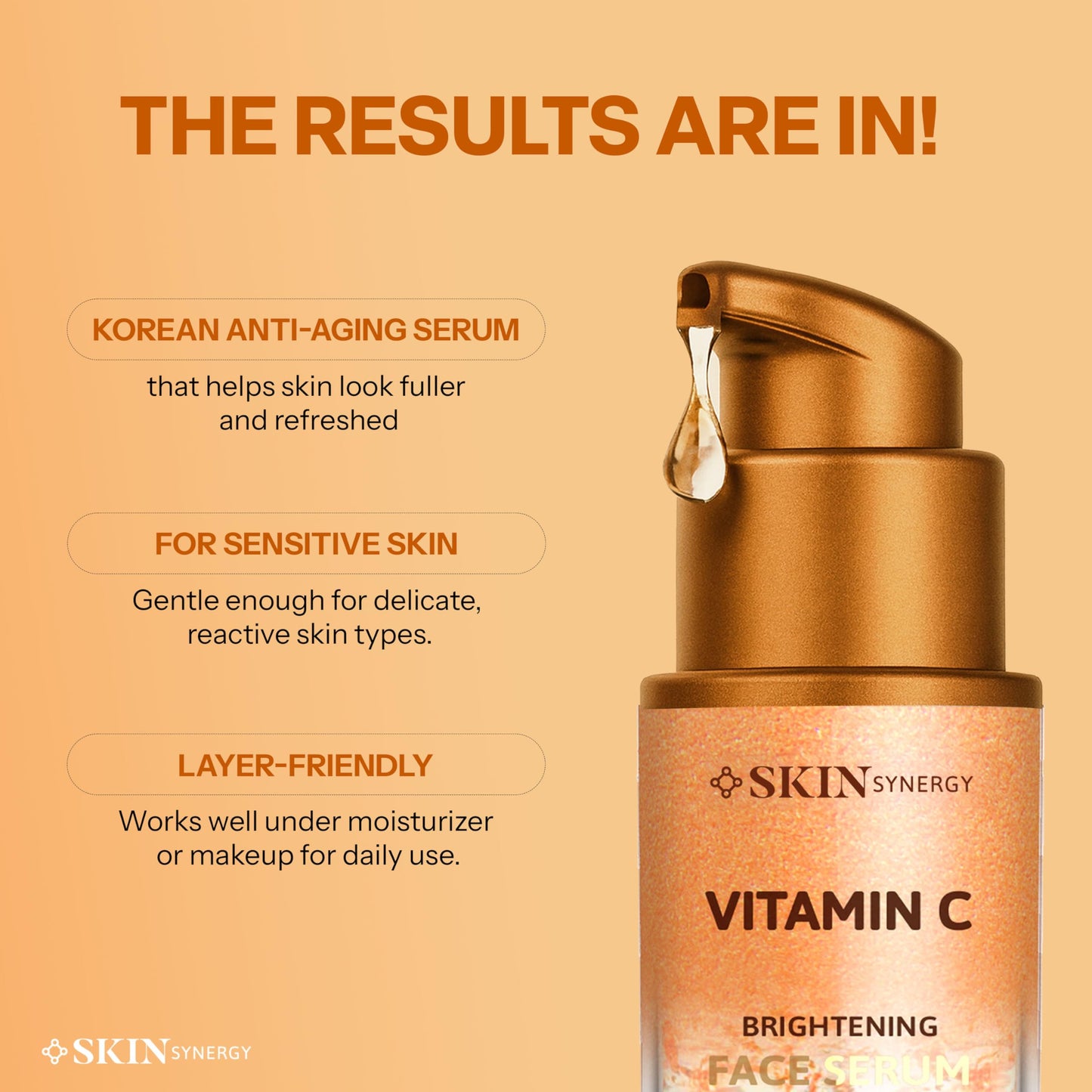 Skin Synergy Vitamin C Face Serum - Revitalizes Dull, Uneven Skin & Supports Youthful Glow - Dermatologist Tested, Anti-Aging, Korean Skin Care Beauty & Personal Care Skin Synergy