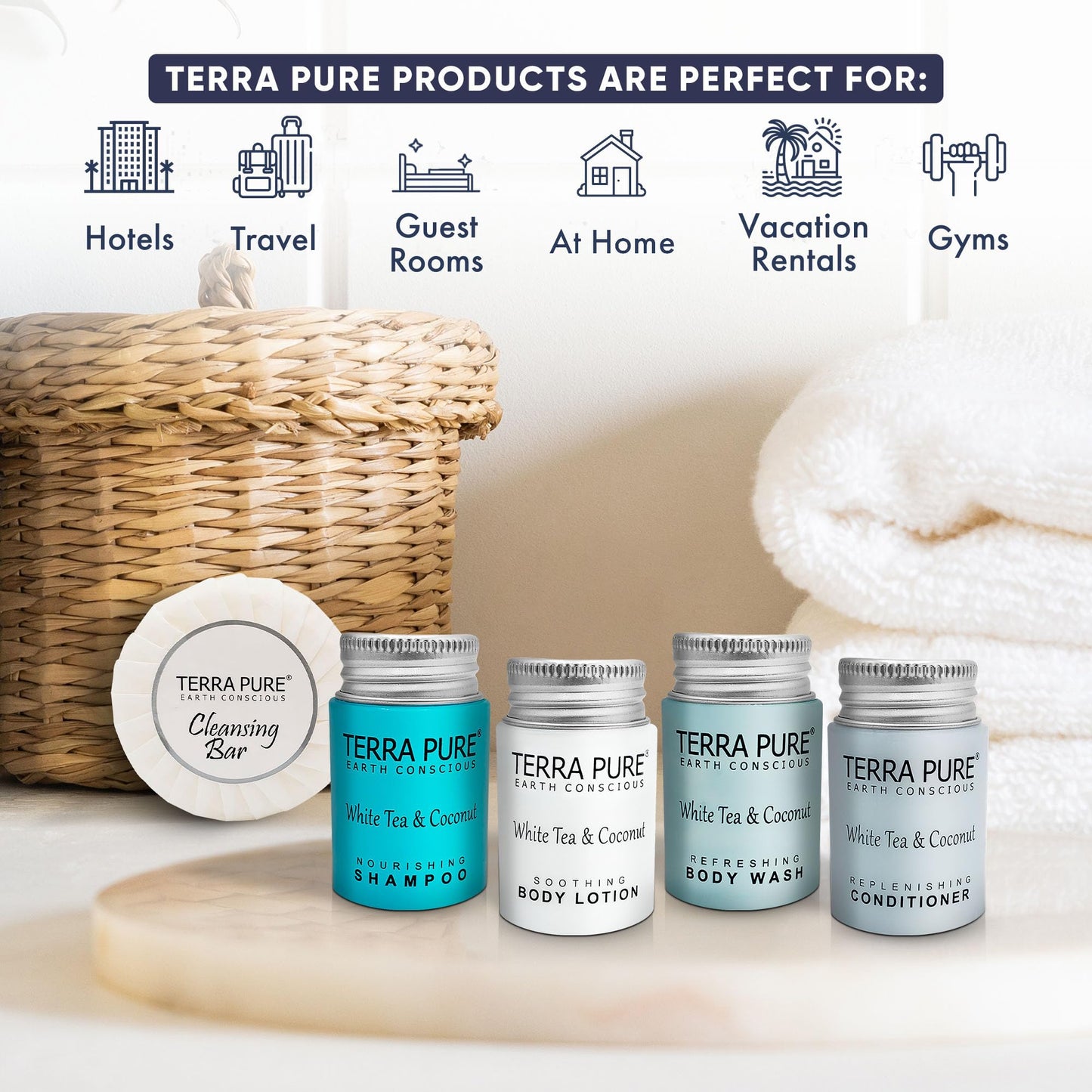 Terra Pure White Tea & Coconut Toiletries Set | 1-Shoppe Amenities Kit | 1oz Shampoo & Conditioner, Body Wash, Lotion, 1.25oz Bar Soap | Travel Size | Beauty & Personal Care Terra Pure