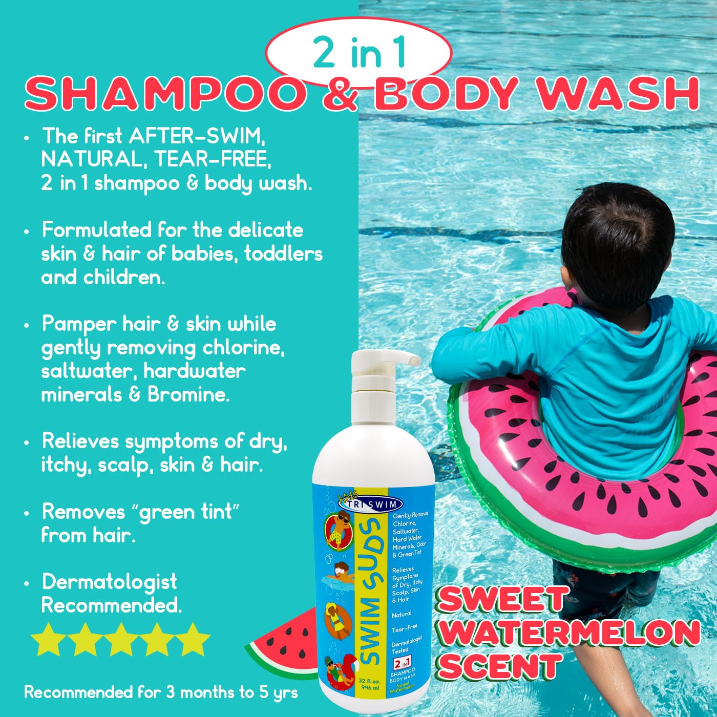 TRISWIM Kids Swim Suds 2-in-1 Tear-Free Shampoo & Body Wash 32oz | Natural Chlorine-Out Formula, Removes Green Tint | No Parabens or Dyes | Gentle Beauty & Personal Care TRISWIM