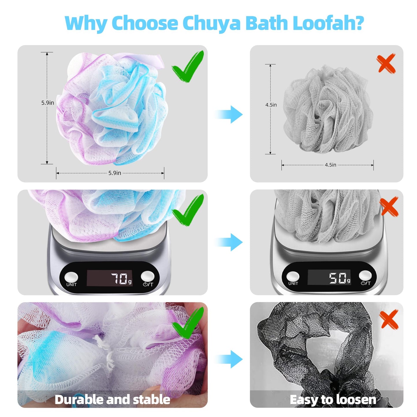 Chuya Bath Sponges Loofahs 70 Grams Large Size,4 Pack Shower Sponge Exfoliating Cleaning Bath Loofa Body Scrubber Balls for Women Men Children Washing Beauty and Personal Care Chuya