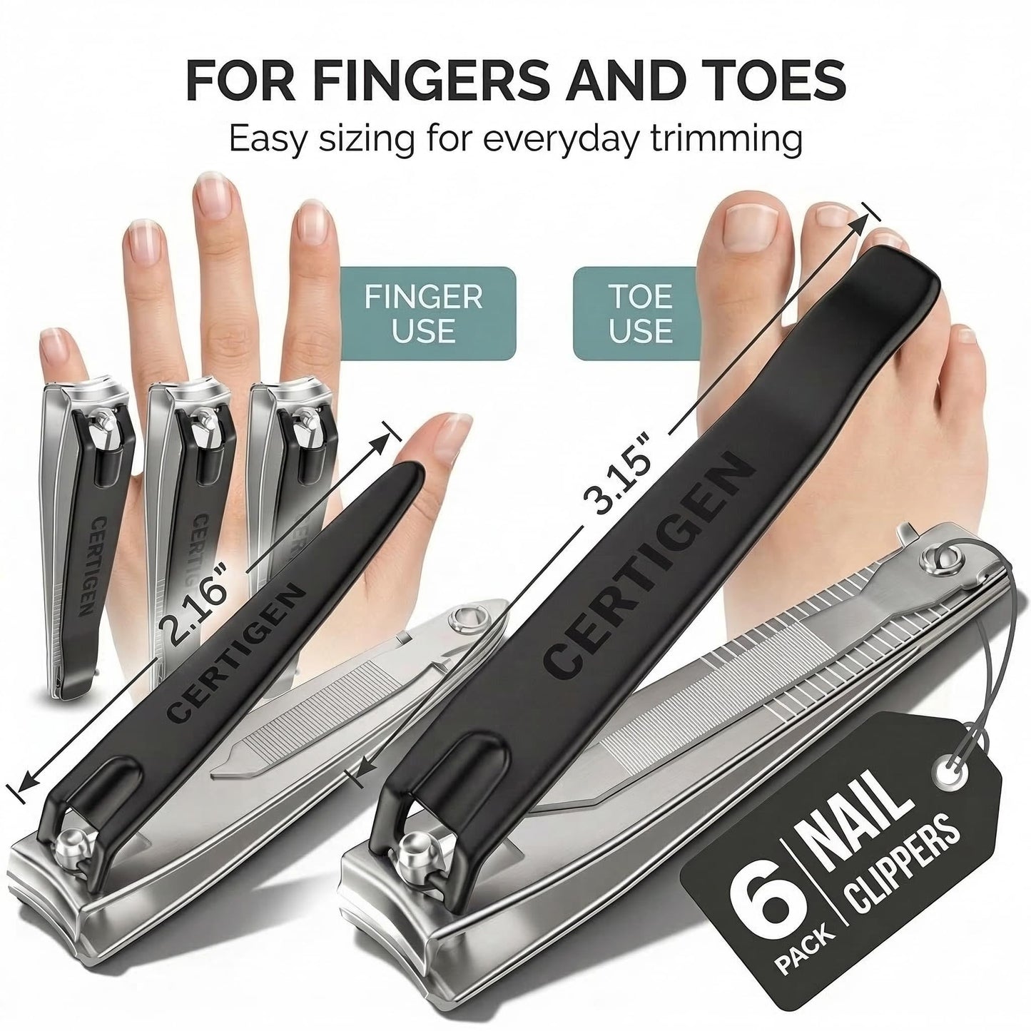 Nail Clippers Set 6 -Pack - Includes Toenail Clippers, Fingernail Clipper, and Finger Nail Clippers for Men and Women Adult, Toe Nail and Fingernail Beauty and Personal Care CERTIGEN