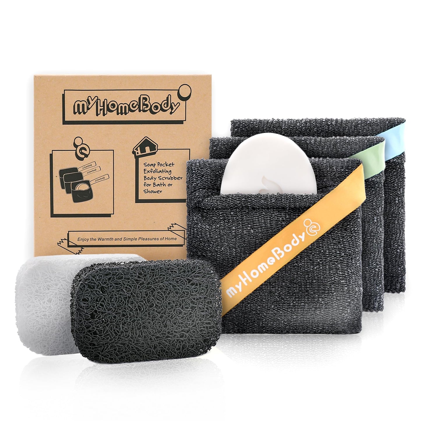 myHomeBody Soap Pocket Squares Exfoliating Pouch, Body Scrubber, Exfoliator Sponge for Bath or Shower, or Leftover Bits Saver, Graphite Gray, 3 Pack + Beauty and Personal Care myHomeBody