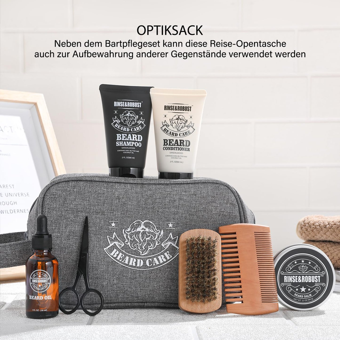 Rinse & Robust Beard Kit for Men, Christmas Gifts for Him, Beard Care & Grooming Travel Set, Beard Oil & Balm Gift Set with Toiletry Bag, Holiday Beauty and Personal Care Rinse & Robust