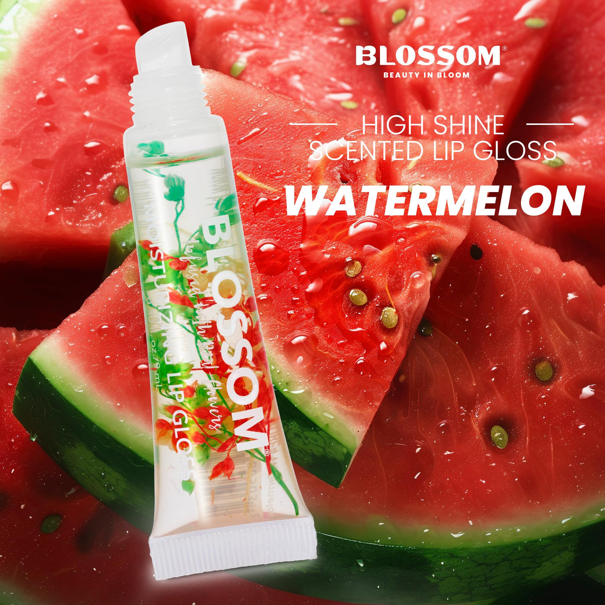 Blossom Lip Gloss Tubes, Watermelon Scented Thick Clear High Shine Moisturizing Flower Lip Gel with Nourishing Jojoba Seed Oil, Infused with Real Beauty & Personal Care Blossom