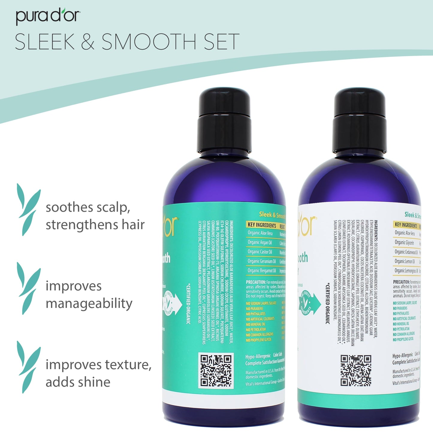 PURA D'OR Sleek & Smooth Shampoo and Conditioner Set For Frizz-Free & Silky Smooth Hair, Infused with Organic Aloe Vera, Argan Oil, Castor Oil Beauty & Personal Care PURA D'OR