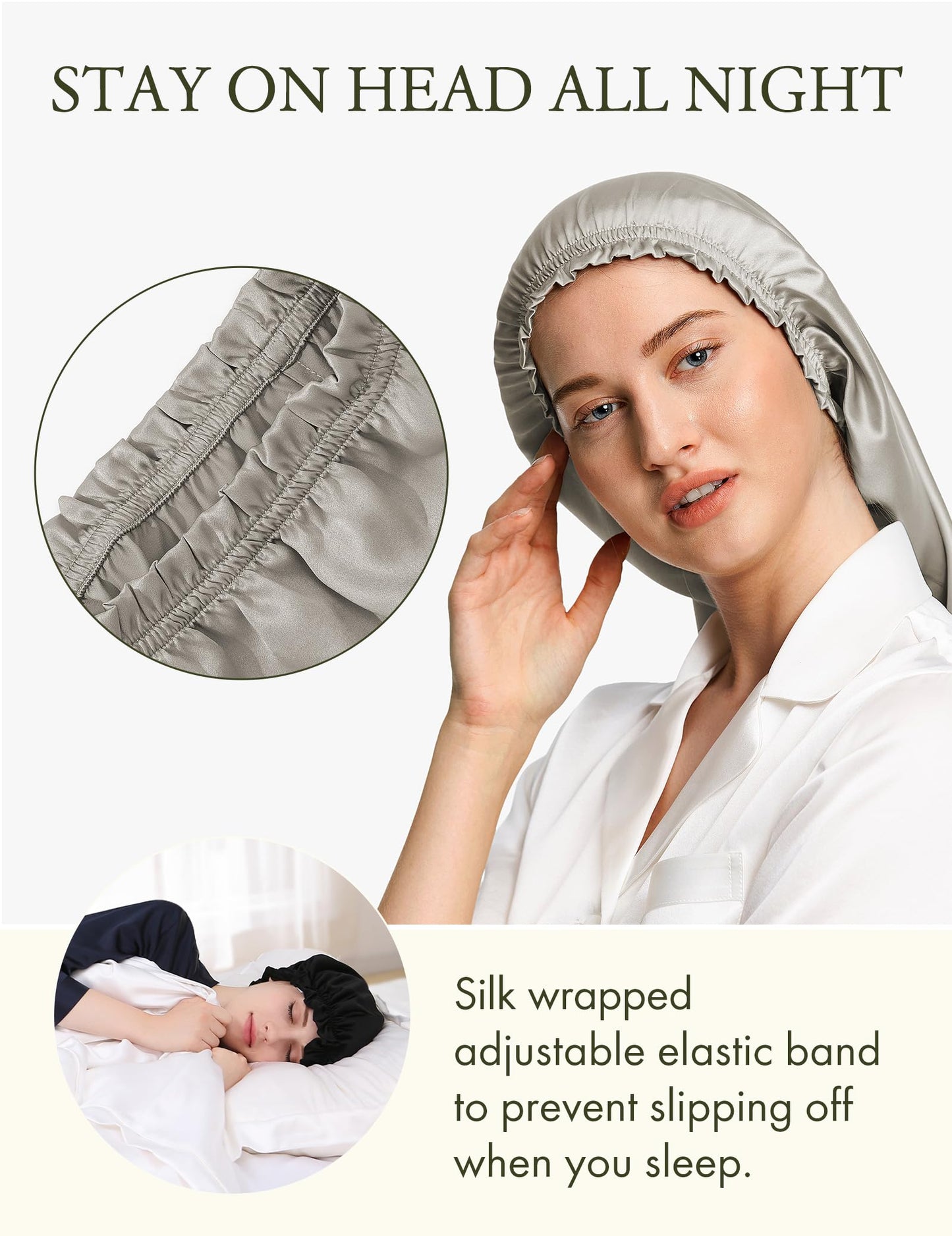 LilySilk Pure Mulberry Silk Long Bonnet for Sleeping - 19MM Silk Hair Cap for Long Curly Hair - Women's Sleep Cap with Elastic Band, Silvergray Beauty and Personal Care LilySilk