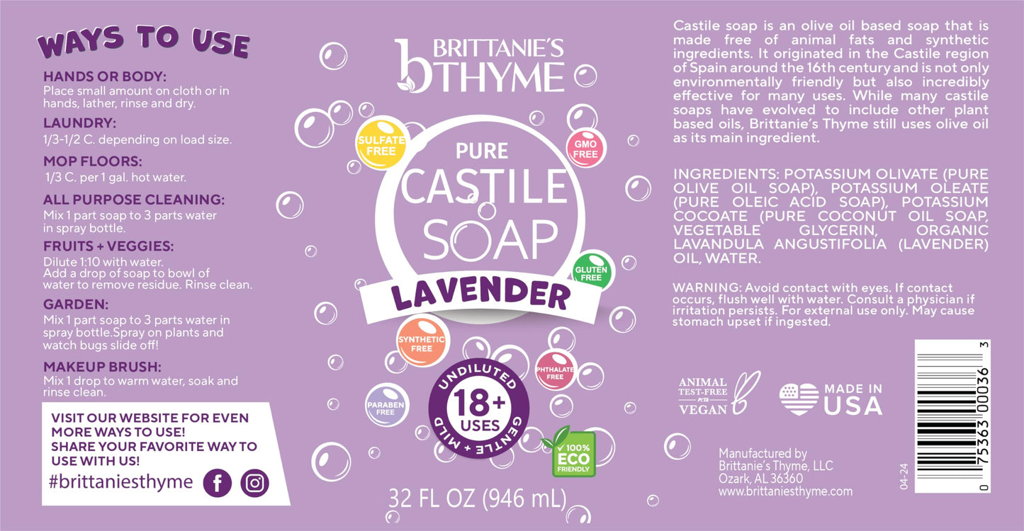 Brittanie’s Pure Castile Liquid Soap Refill, Lavender, 32 Ounce 2 Pack | Dish Soap, Hair & Body, Laundry, Home, Gentle and Pure, Made with Natural Beauty & Personal Care Brittanie's Thyme