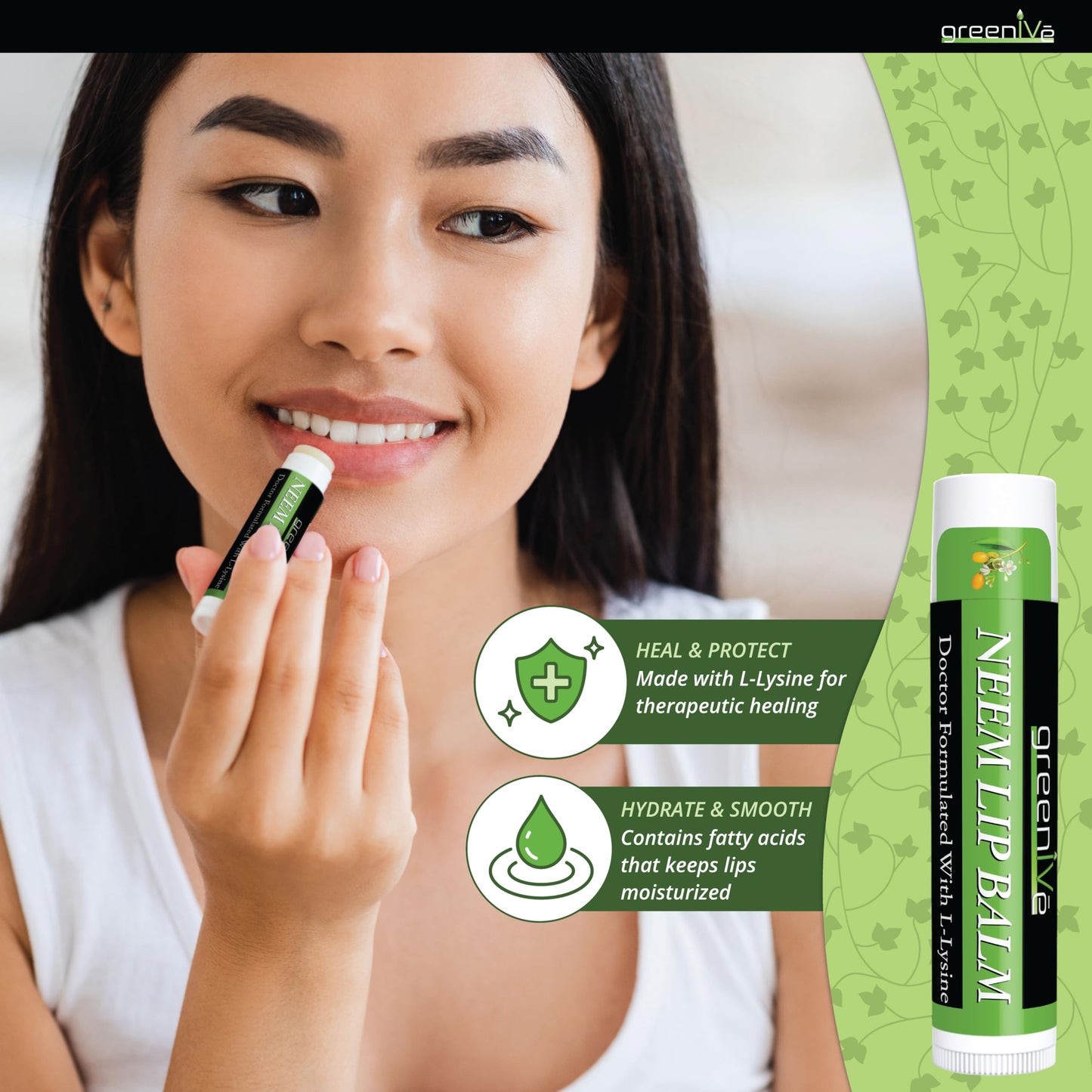 GreenIVe Neem Lip Balm Vegan Lip Moisturizer Neem Seed Oil L-Lysine Handcrafted Natural Lip Care Chap Stick for Dry Lips Cracked Lips Sensitive Lips Beauty and Personal Care GreenIVe