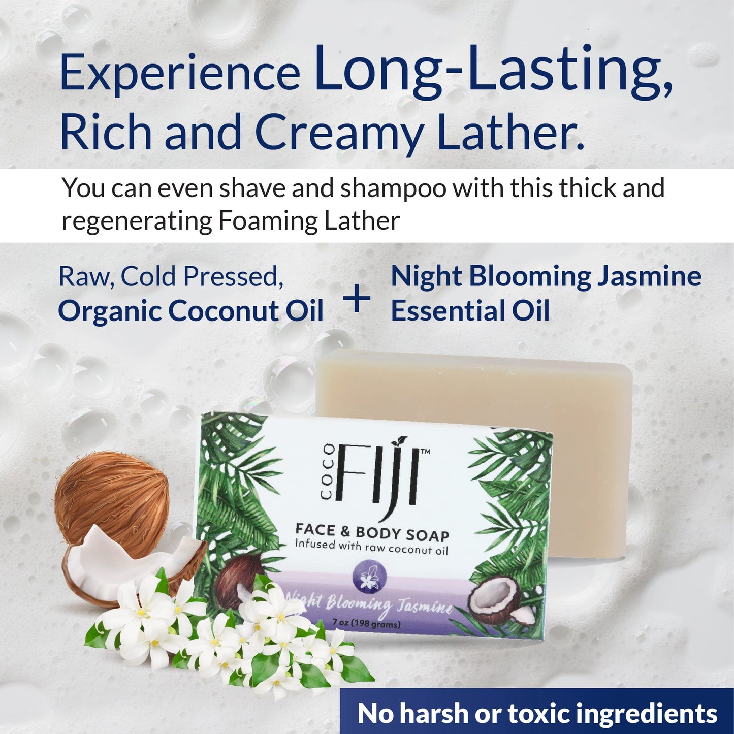 "Coco Fiji Soap Bar for Face and Body Infused With Organic Coconut Oil, Night Blooming Jasmine Essential Oil, Natural Soap for Moisturizing & Pore Beauty & Personal Care Organic Fiji