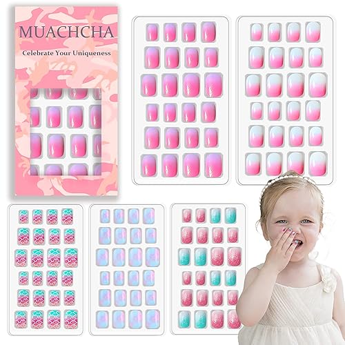 MUACHCHA 120 Pcs 5 Pack Children Acrylic Glitter False Nails Press on Nails Pre-glue Full Cover Fake Nail Tips Stick Cute Cartoon Short Artificial Beauty & Personal Care MUACHCHA
