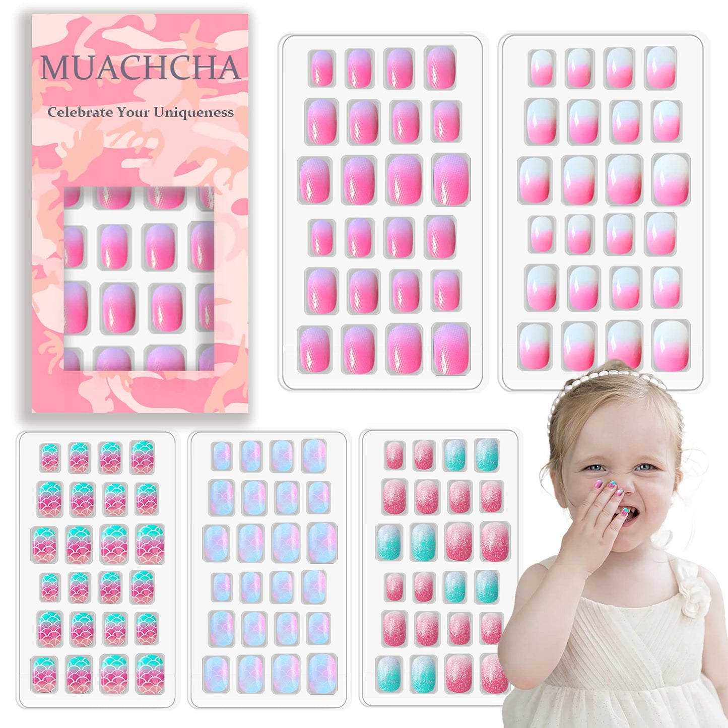 MUACHCHA 120 Pcs 5 Pack Children Acrylic Glitter False Nails Press on Nails Pre-glue Full Cover Fake Nail Tips Stick Cute Cartoon Short Artificial Beauty & Personal Care MUACHCHA