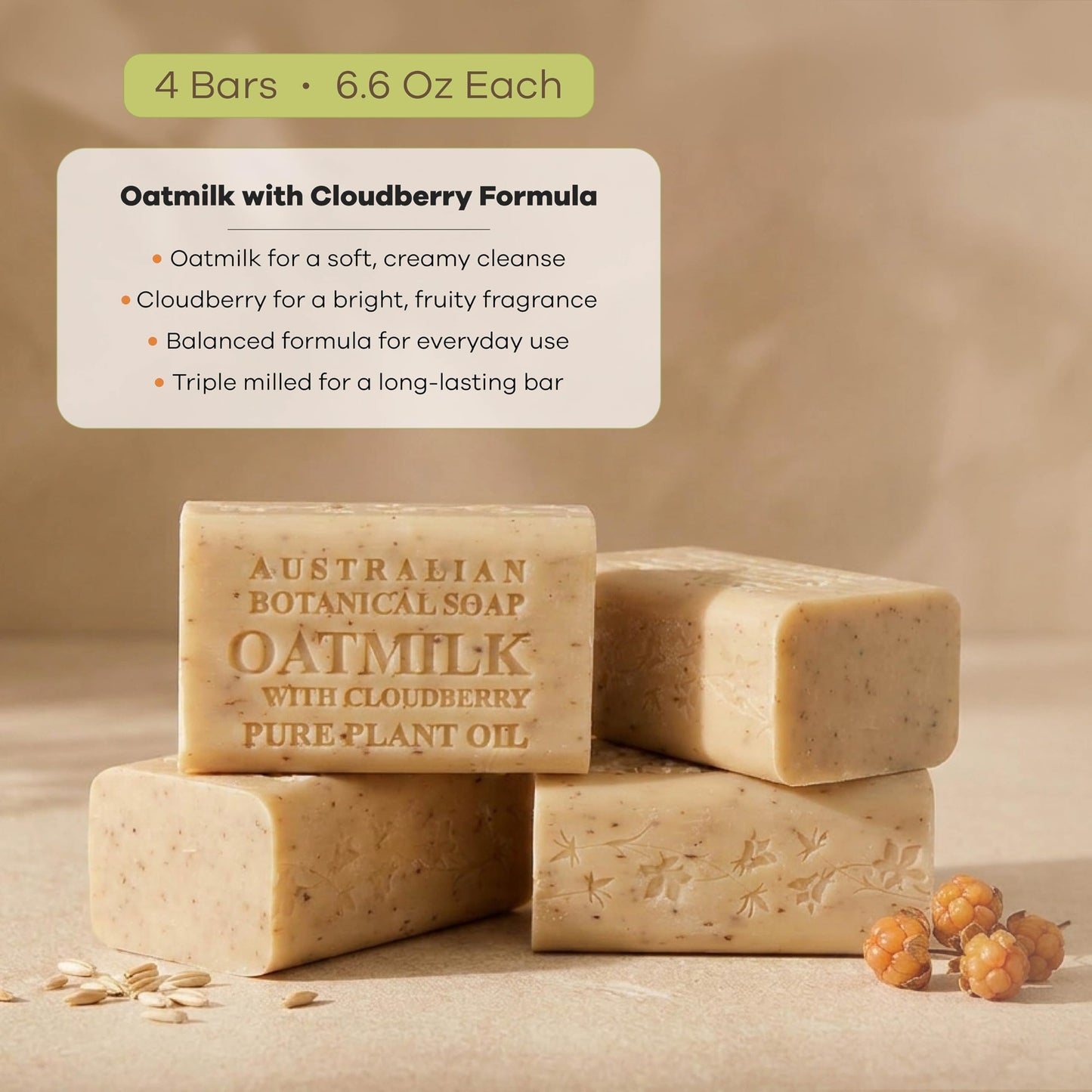 Australian Botanical Soap Oat Milk with Cloudberry - Triple Milled 6.6 oz Bar Soap with Shea Butter, Face Hand & Body Soap Bars, Pack of 4 Beauty & Personal Care Australian Botanical Soap