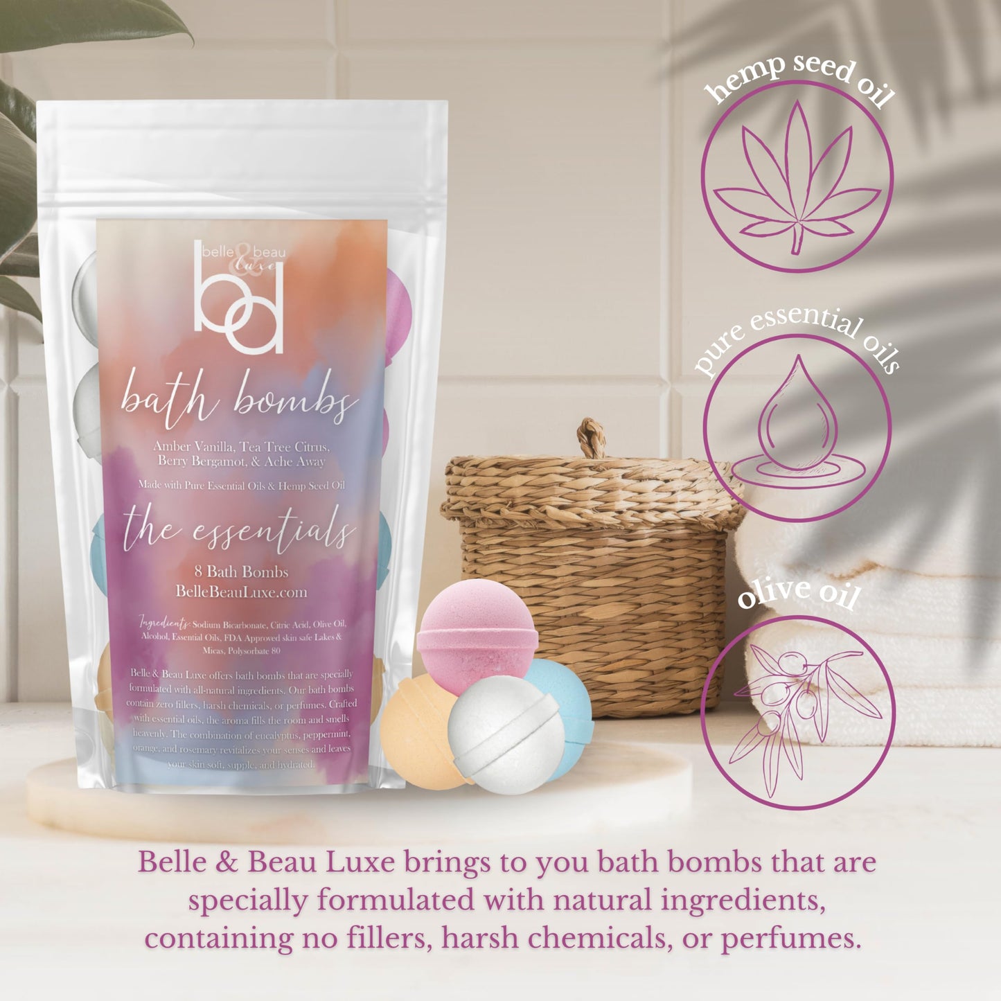 Belle & Beau Luxe Essentials Variety Pack Hemp Bath Bombs - Made with Organic Hemp Seed Oil and Pure EO - Vanilla, Tea Tree Citrus, Bergamot Berry Beauty and Personal Care BB BELLE & BEAU LUXE