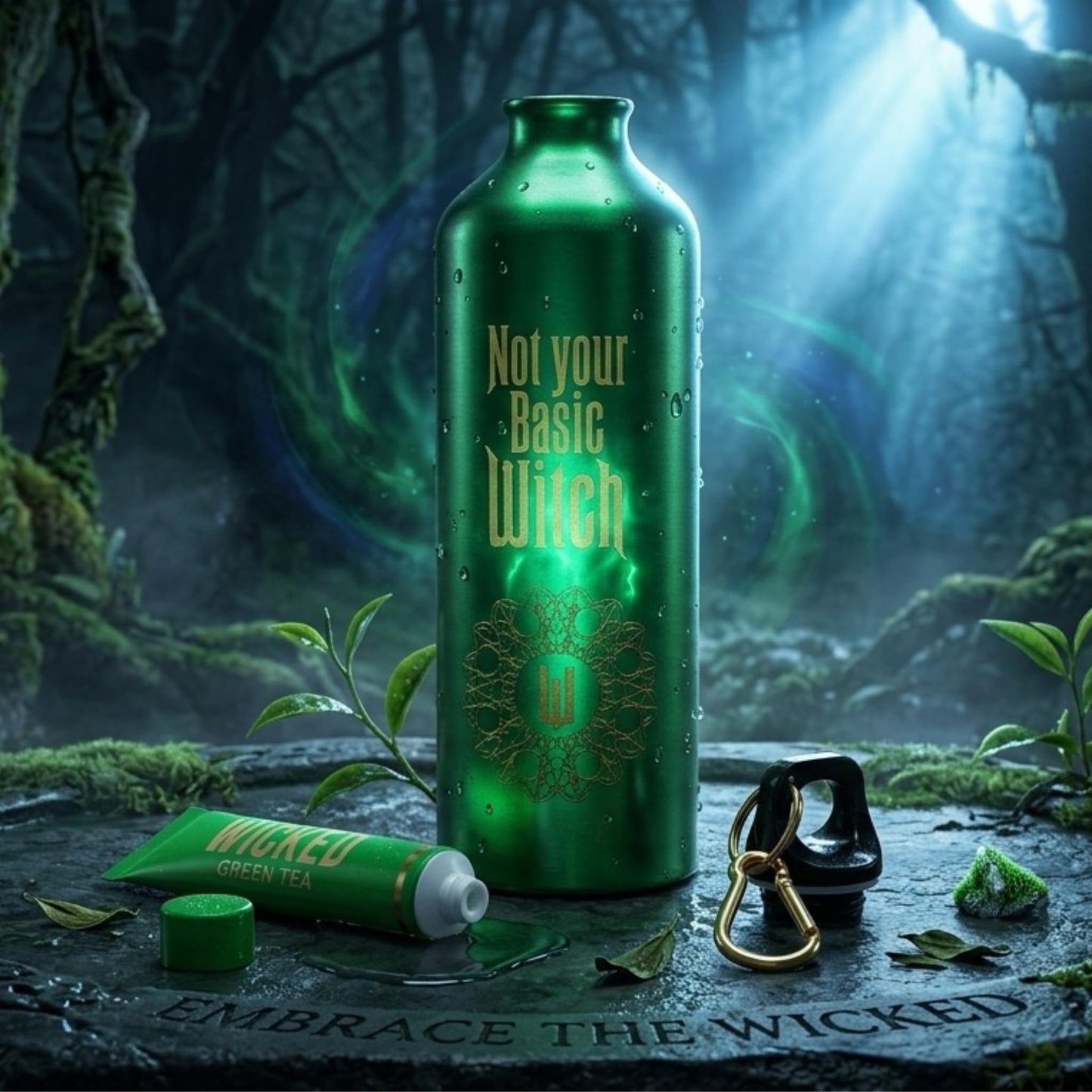 Wicked “Not Your Basic Witch” Gift Set - Green Metal 750ml Water Bottle with Carabiner Clip & Green Tea Lip Balm - Fun Witchy Accessories & Self-Care Beauty and Personal Care Corsair Toiletries