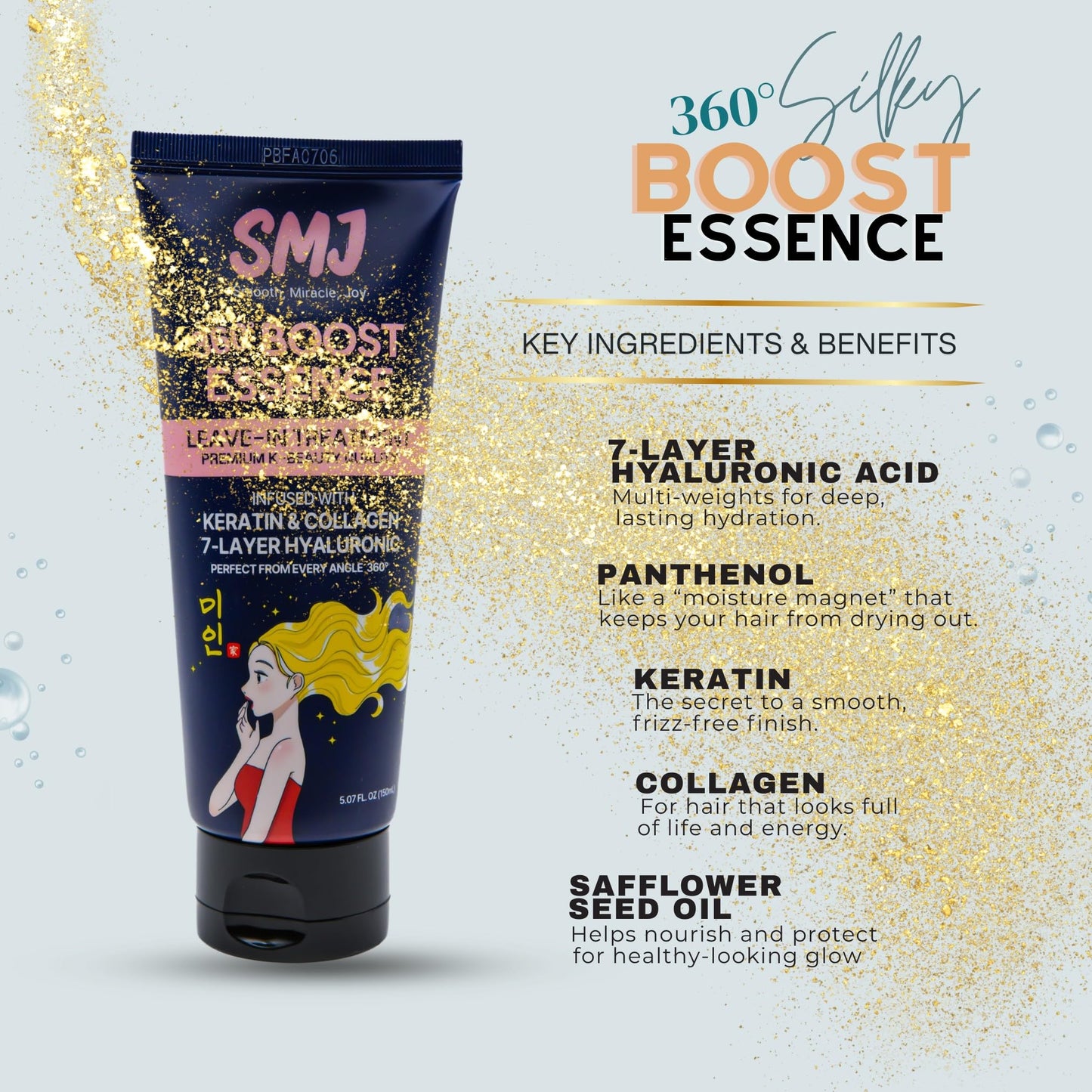 SMJ 360° BOOST ESSENCE LEAVE-IN TREATMENT | Silky K-Beauty Hair Essence | Anti-Frizz & Shine | Keratin, Collagen & 7-Layer Hyaluronic Acid | USA Beauty & Personal Care SMJ