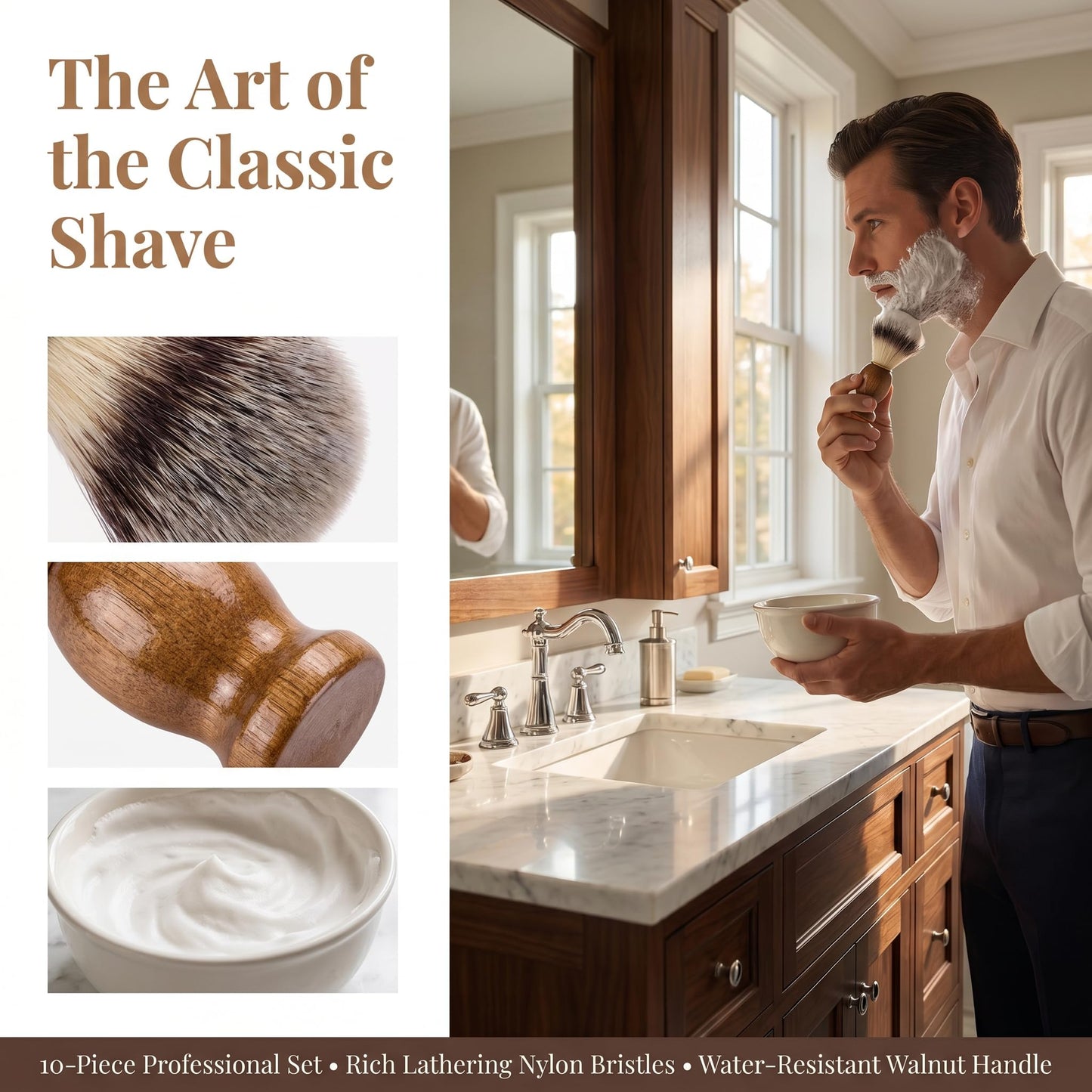 10 Pcs Shaving Brush for Men, Wood Handled Shave Brush for Wet Shave, Beard Grooming Tool for Professional Salon, Soft Bristle Shaving Cream Brush Beauty and Personal Care KALLORY