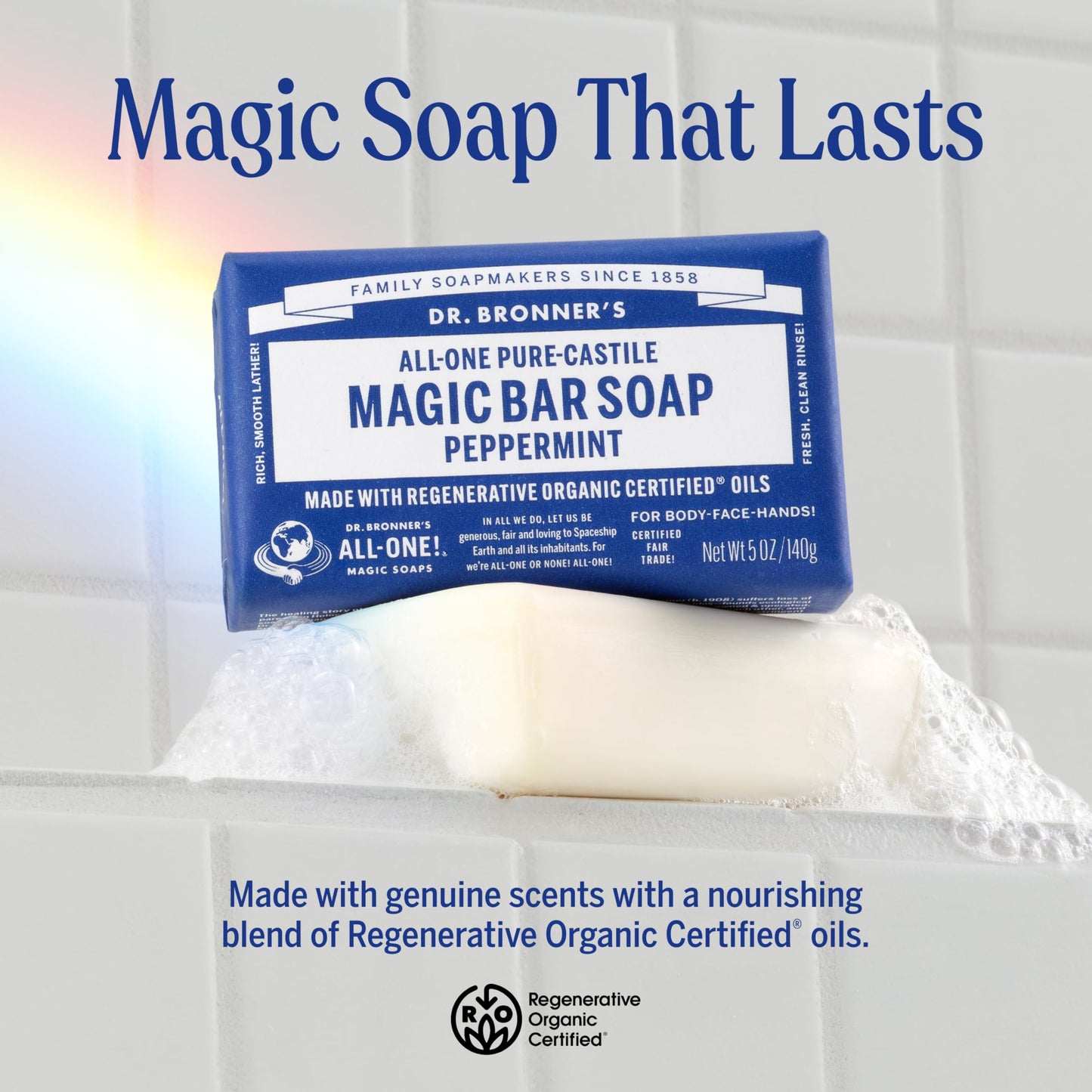 Dr. Bronner's Pure-Castile Magic Soap Bars (Peppermint, 5 oz, 6-Pack) - Made with Regenerative Organic Certified Oils - For Face, Body & Hair Beauty & Personal Care Dr. Bronner's