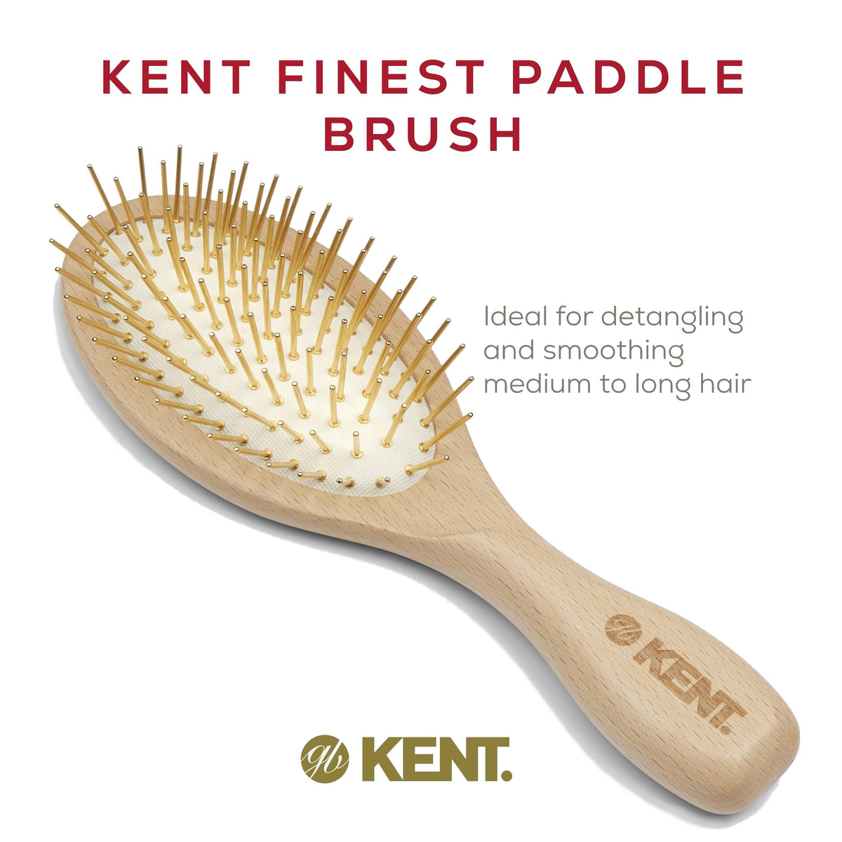 Kent ZZ Gold Plated Pin Rubber Cushion Detangler Brush for Detangling and Smoothing, Limited Edition Oval Paddle Hair Brush for Medium to Long Hair