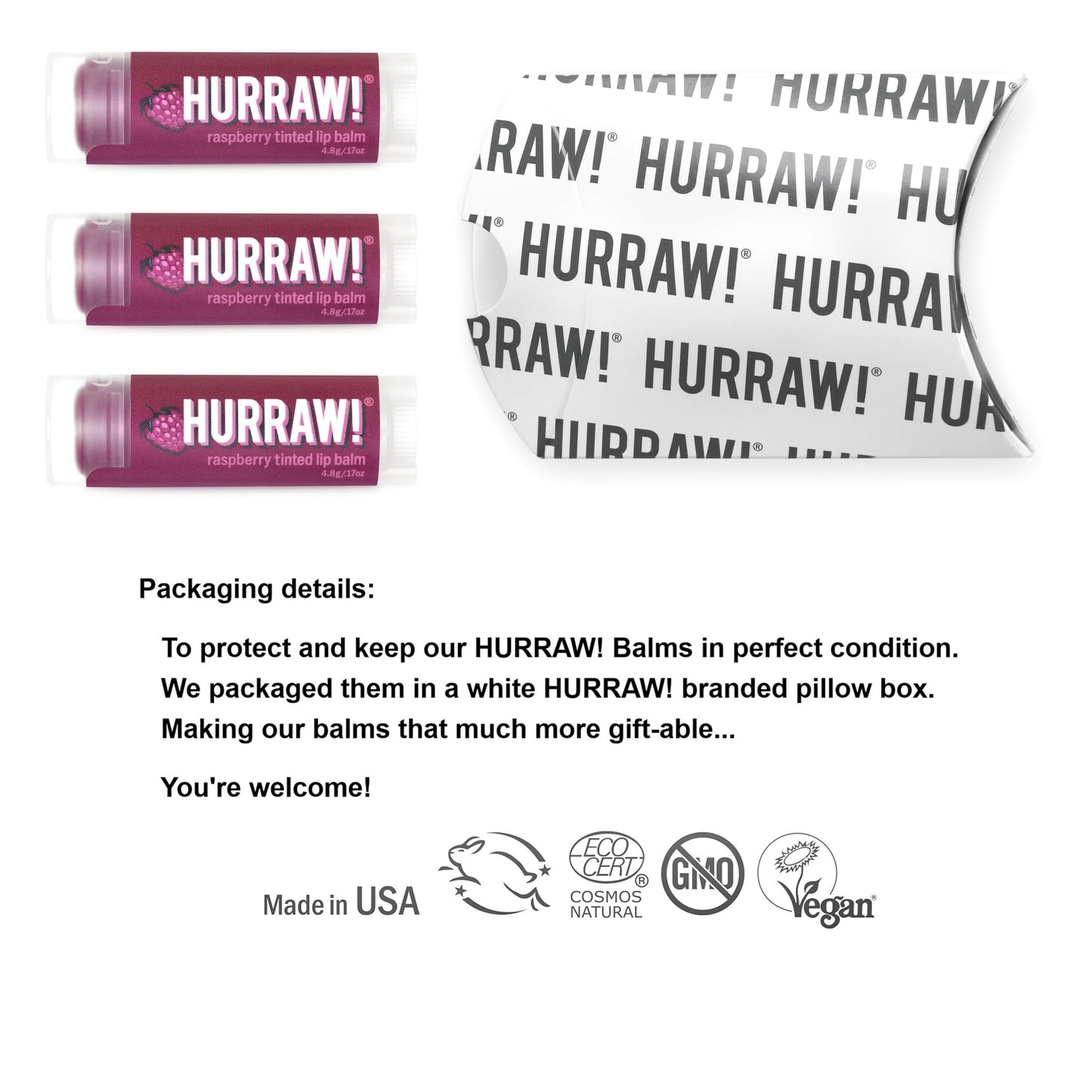Hurraw! Raspberry Tinted Lip Balm, 3 Pack: (Sheer Berry Tint) Organic, Certified Vegan, Cruelty and Gluten Free. Non-GMO, 100% Natural Ingredients. Beauty & Personal Care HURRAW!