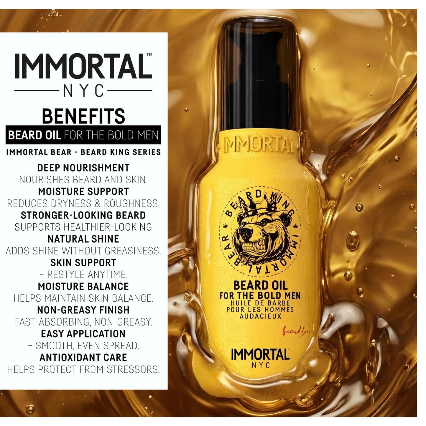 Immortal NYC Beard King Beard Oil, 3.4 oz/ 100 ml - Intense Nourishment - Natural Shine & Strength - Botanical Oil Blend Beauty and Personal Care Immortal NYC