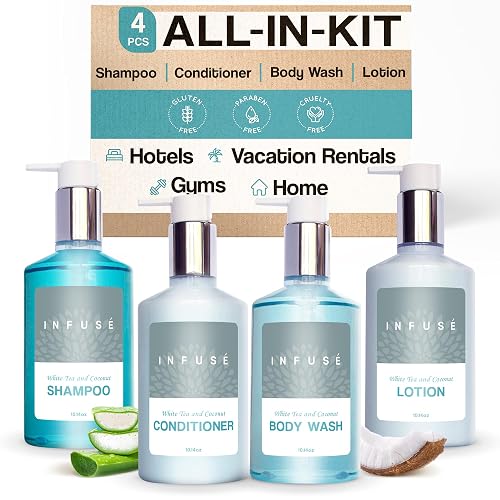 1-Shoppe Infuse 4 Piece Ecobox All-In-Kit | White Tea and Coconut Soap | 1 Shampoo, 1 Conditioner, 1 Body Wash and 1 Lotion | 10.14 oz Hotel Soaps Beauty & Personal Care Terra Pure
