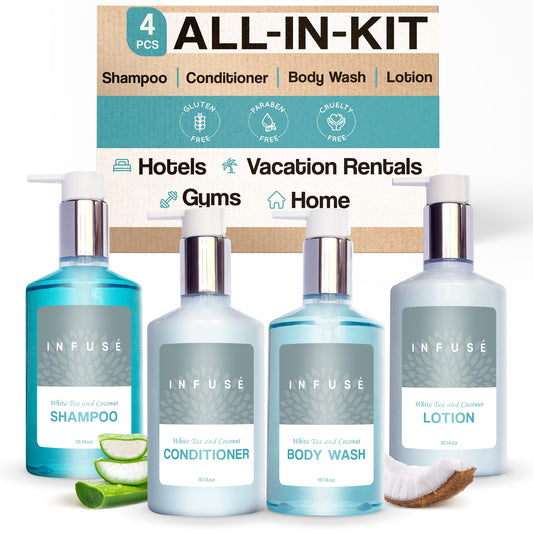 1-Shoppe Infuse 4 Piece Ecobox All-In-Kit | White Tea and Coconut Soap | 1 Shampoo, 1 Conditioner, 1 Body Wash and 1 Lotion | 10.14 oz Hotel Soaps Beauty & Personal Care Terra Pure