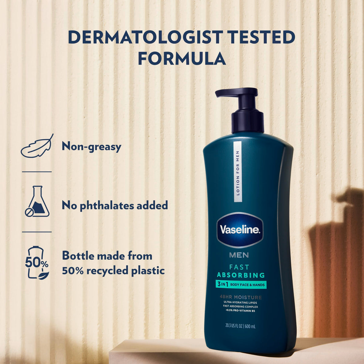 Vaseline Men Fast Absorbing 3-in-1 Face, Hands & Body Lotion for Men, For Dry Skin, Absorbs in Just 15 Seconds for Moisturized Skin 20.3 oz Beauty & Personal Care Vaseline