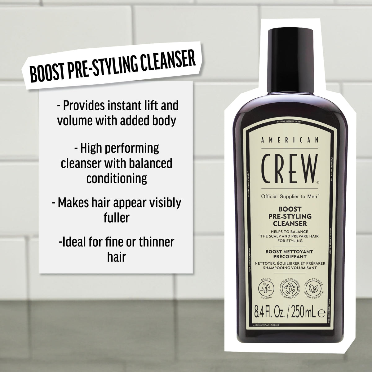 American Crew Men's Boost Pre-Styling Shampoo for Fine-Thin Hair, 8.4 fl oz