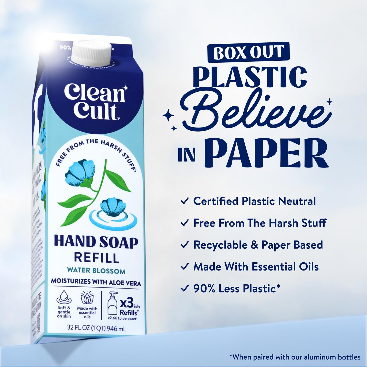 Cleancult Liquid Hand Soap Refill - Water Blossom - Moisturizes Dry & Sensitive Skin - Made with Aloe Vera & Essential Oils - Eco Friendly Beauty & Personal Care Cleancult