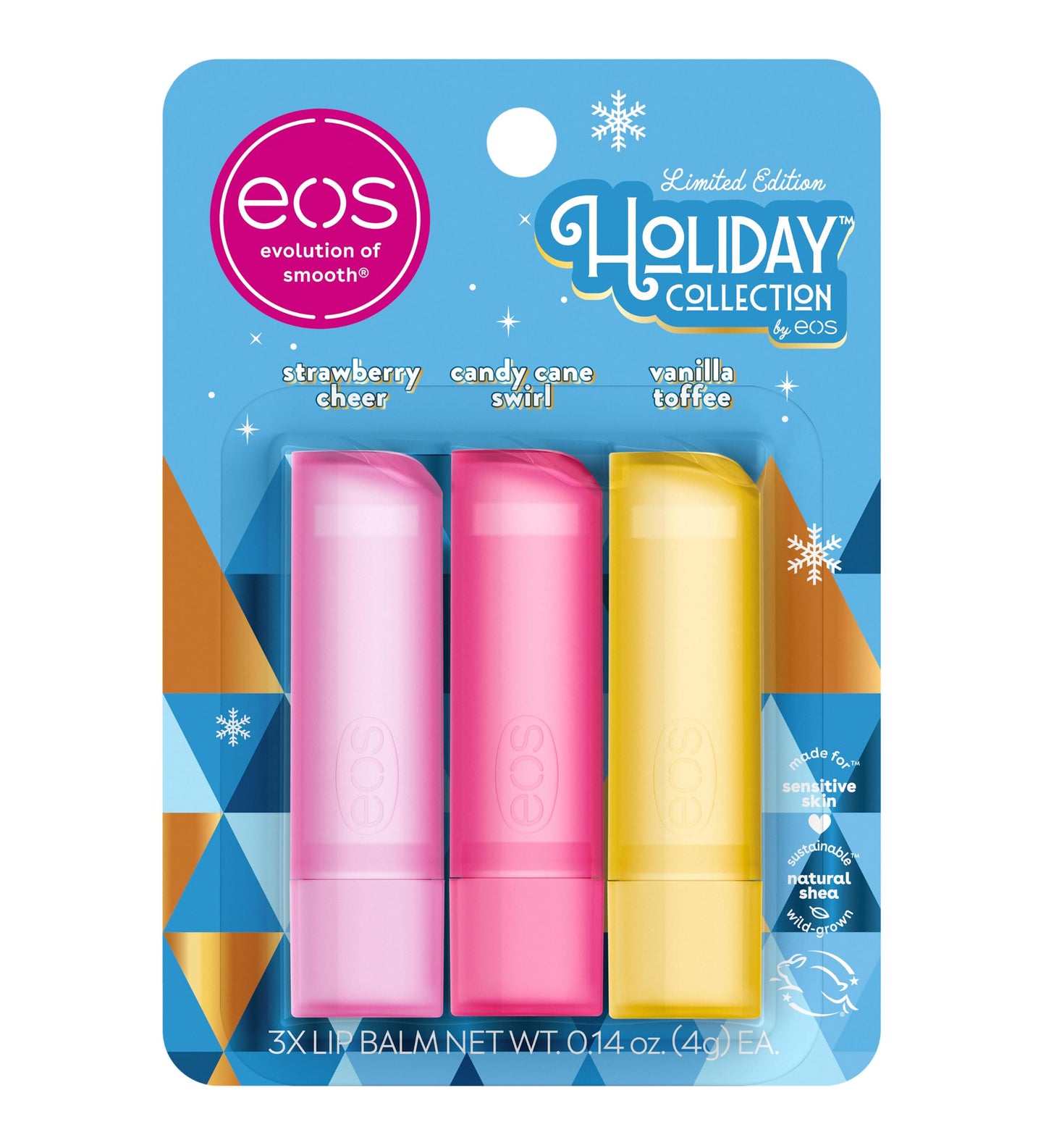eos Holiday Lip Balm Gift- Strawberry Cheer, Candy Cane Swirl & Vanilla Toffee, Stocking Stuffers, All-Day Moisture Lip Care, 0.14 oz, 2-Pack Beauty and Personal Care eos