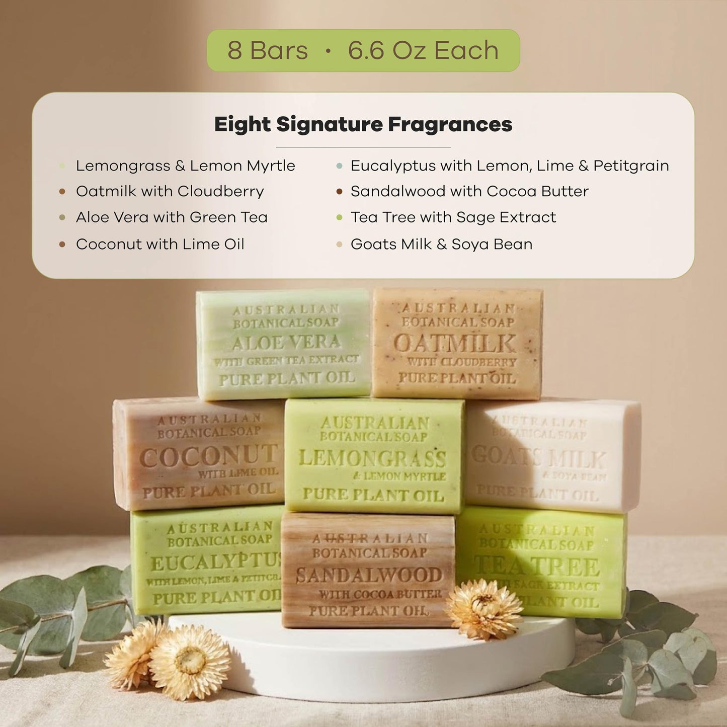 Australian Botanical Soap Variety Pack, 6.6 oz Bars - Goat Milk, Eucalyptus, Sandalwood, Coconut, Lemongrass, Aloe, Tea Tree, Oat Milk - Enriched Beauty & Personal Care Australian Botanical Soap