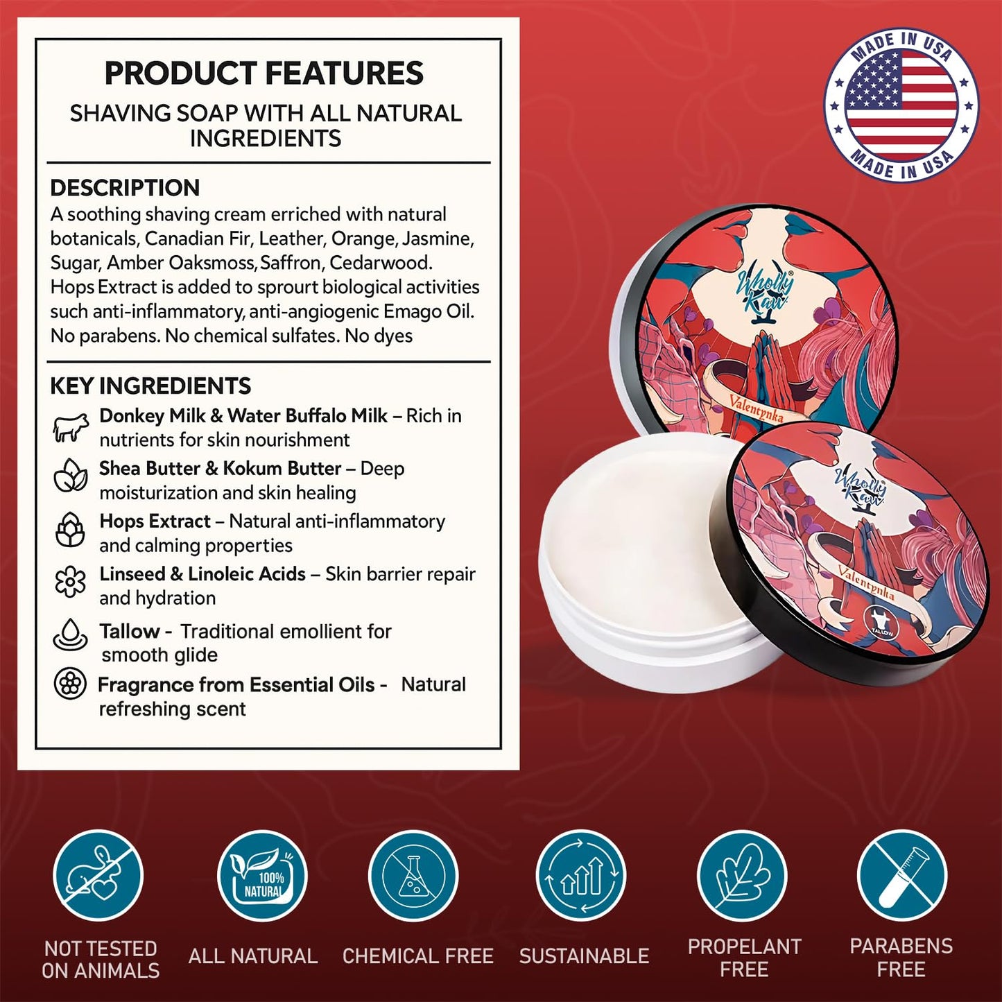 Valentynka Tallow Shaving Soap. Enriched with Donkey Milk, Water Buffalo Milk, Whey Proteins, Omega 3, Omega 6, Hops Extract. Canadian Fir, Leather Beauty and Personal Care Wholly Kaw