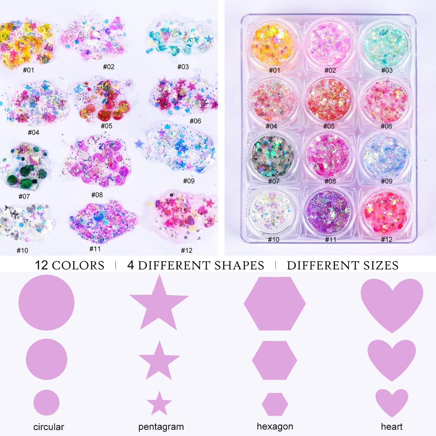 Ownest 12 Colors Holographic Chunky Glitter Gel Set, Christmas Party Makeup Face Body Eye Lips Hair Nail Cosmetic Festival Chunky Glitter Eyeshadow Beauty & Personal Care Ownest