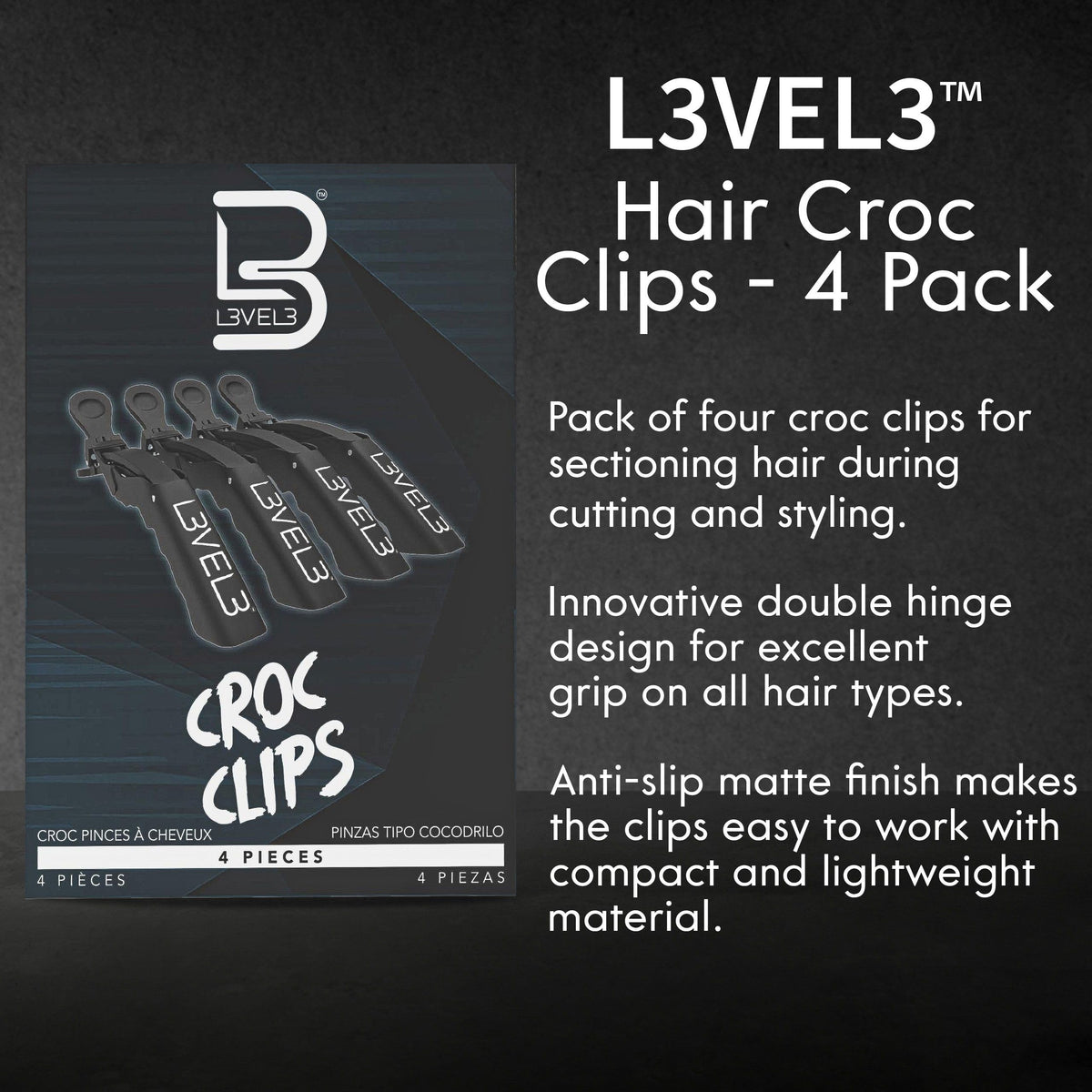 L3 Level 3 Croc Hair Clips for Styling, All Hair Types, 4-Pack
