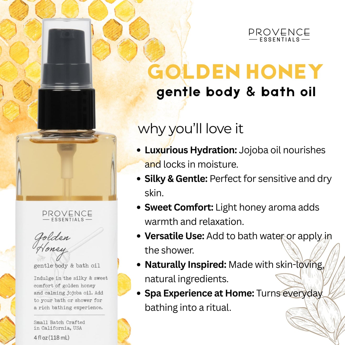 PROVENCE ESSENTIALS Golden Honey Body and Bath Oil, 4 fl oz - Moisturizing Body Oil with Jojoba and Honey, Natural Skin Hydration Beauty and Personal Care PROVENCE ESSENTIALS