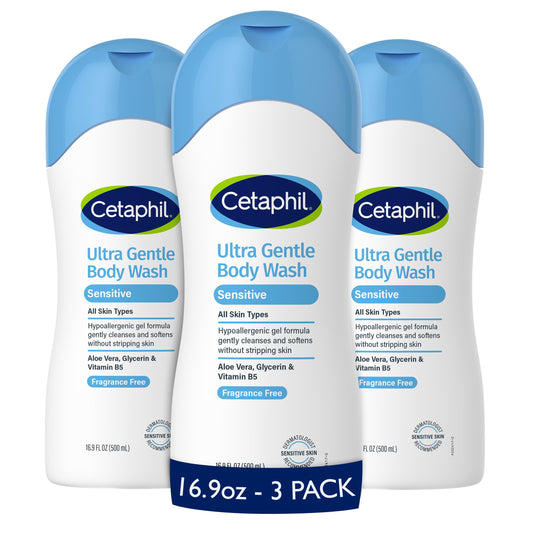 Cetaphil Ultra Gentle Body Wash, For Dry to Normal, Sensitive Skin, 16.9oz Pack of 3, Aloe Vera, Vitamin B5, Hypoallergenic, Paraben Free, Fragrance Beauty & Personal Care Cetaphil