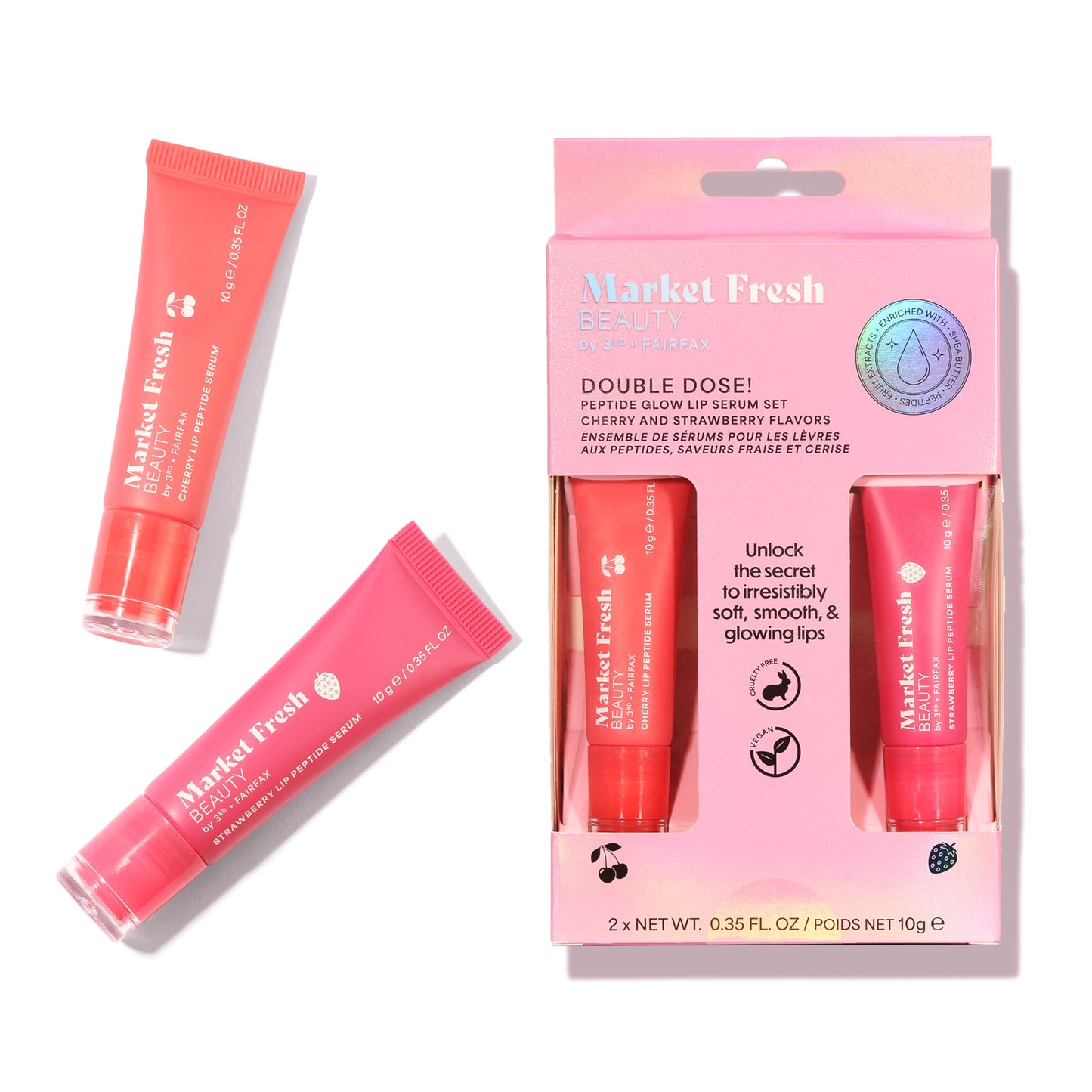 Peptide Glow Lip Serum Set by Market Fresh Beauty - Double Dose Hydrating Lip Care, Cherry & Strawberry Flavors, Vegan, Cruelty-Free, Clean Beauty and Personal Care Market Fresh Beauty