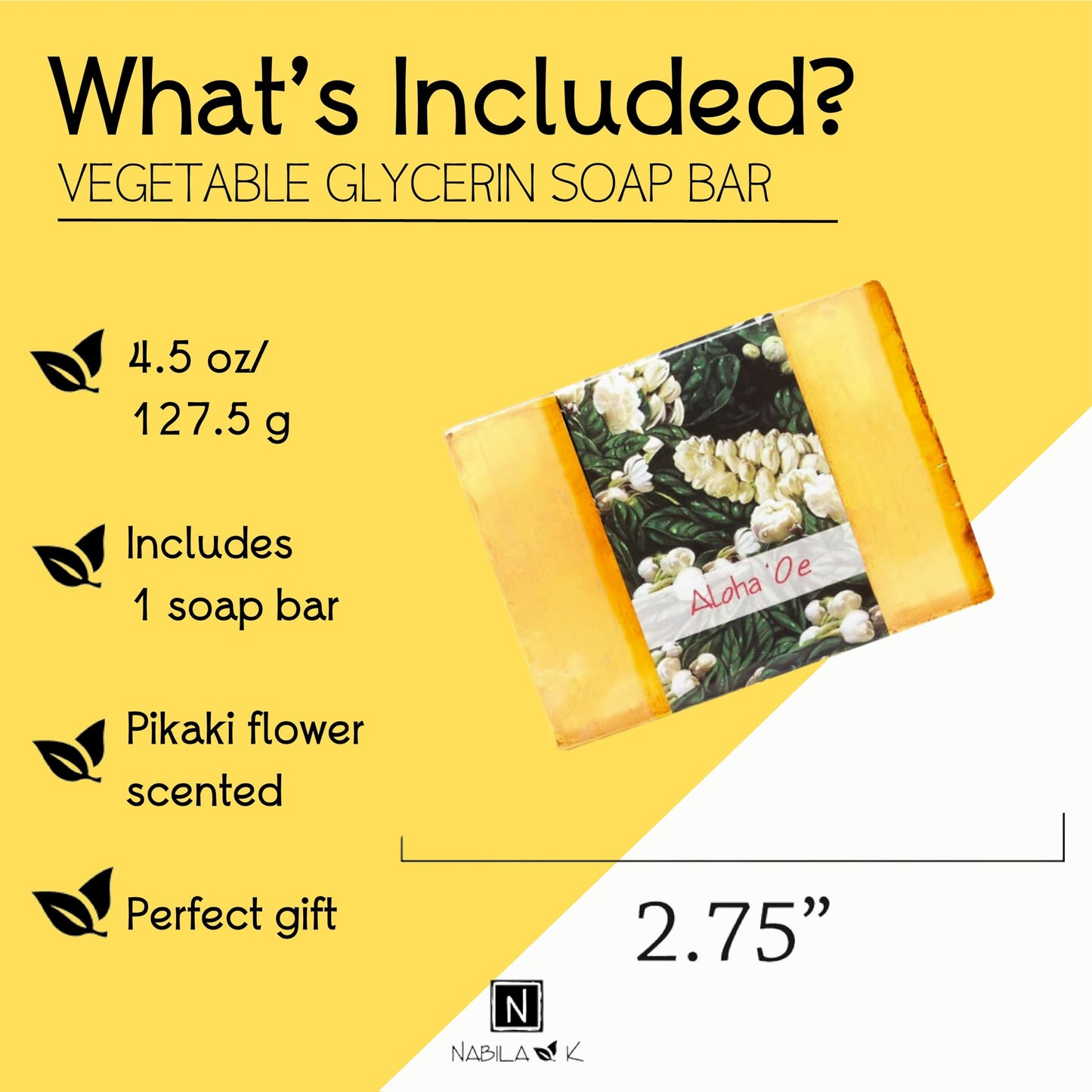 Nabila K Aloha 'Oe Glycerin Bar Soap | Pikaki Flower Scent | Natural, Vegan, Hypoallergenic | 100% Vegetable Glycerin, Sulfate-Free, Paraben-Free | Beauty & Personal Care Nabila K