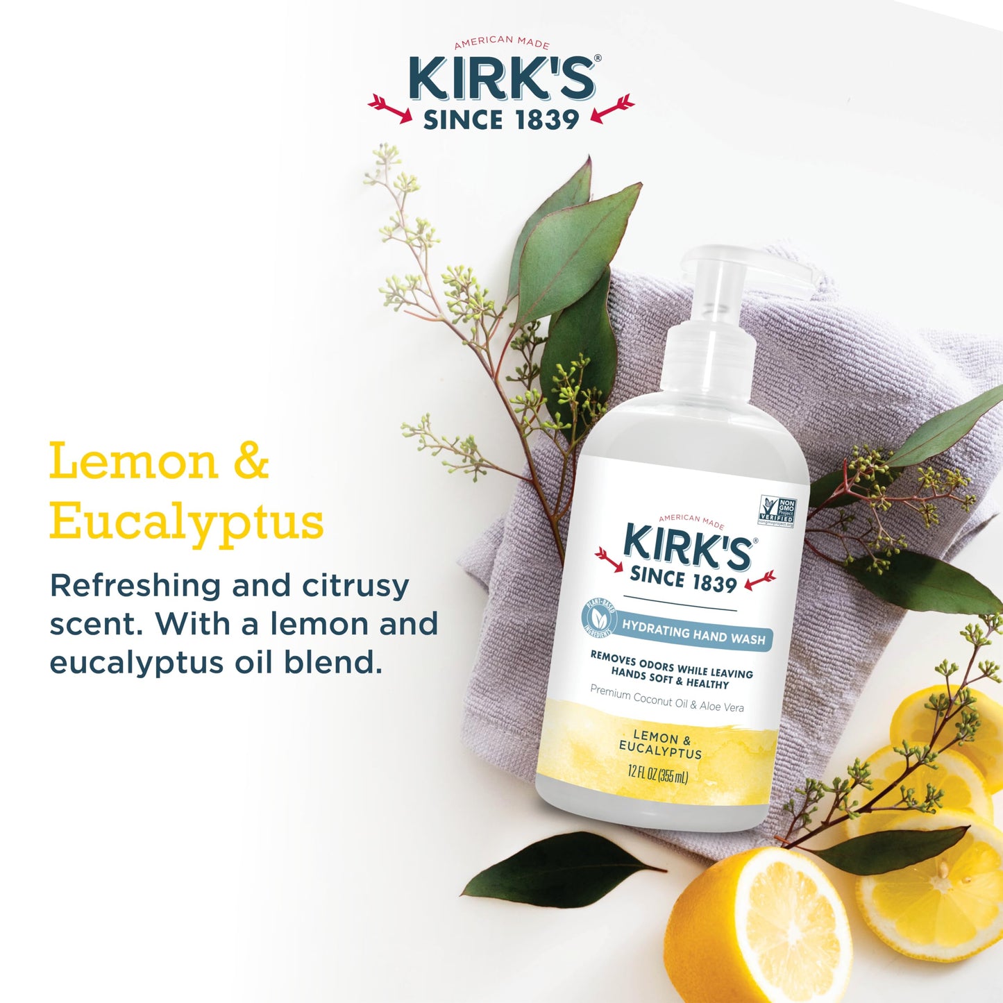 Kirk's Odor-Neutralizing Clean Hand Soap Castile Liquid Soap Pump Bottle | Moisturizing & Hydrating Kitchen Hand Wash | Lemon & Eucalyptus Scent | 12 Beauty & Personal Care Kirk's
