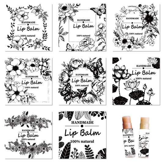 CRASPIRE 80Pcs 8 Styles Flower Lip Balm Stickers Self-Adhesive Retro Butterfly Leaves Plants Lotus Pattern Waterproof Handmade Labels Square Lipstick Beauty and Personal Care CRASPIRE