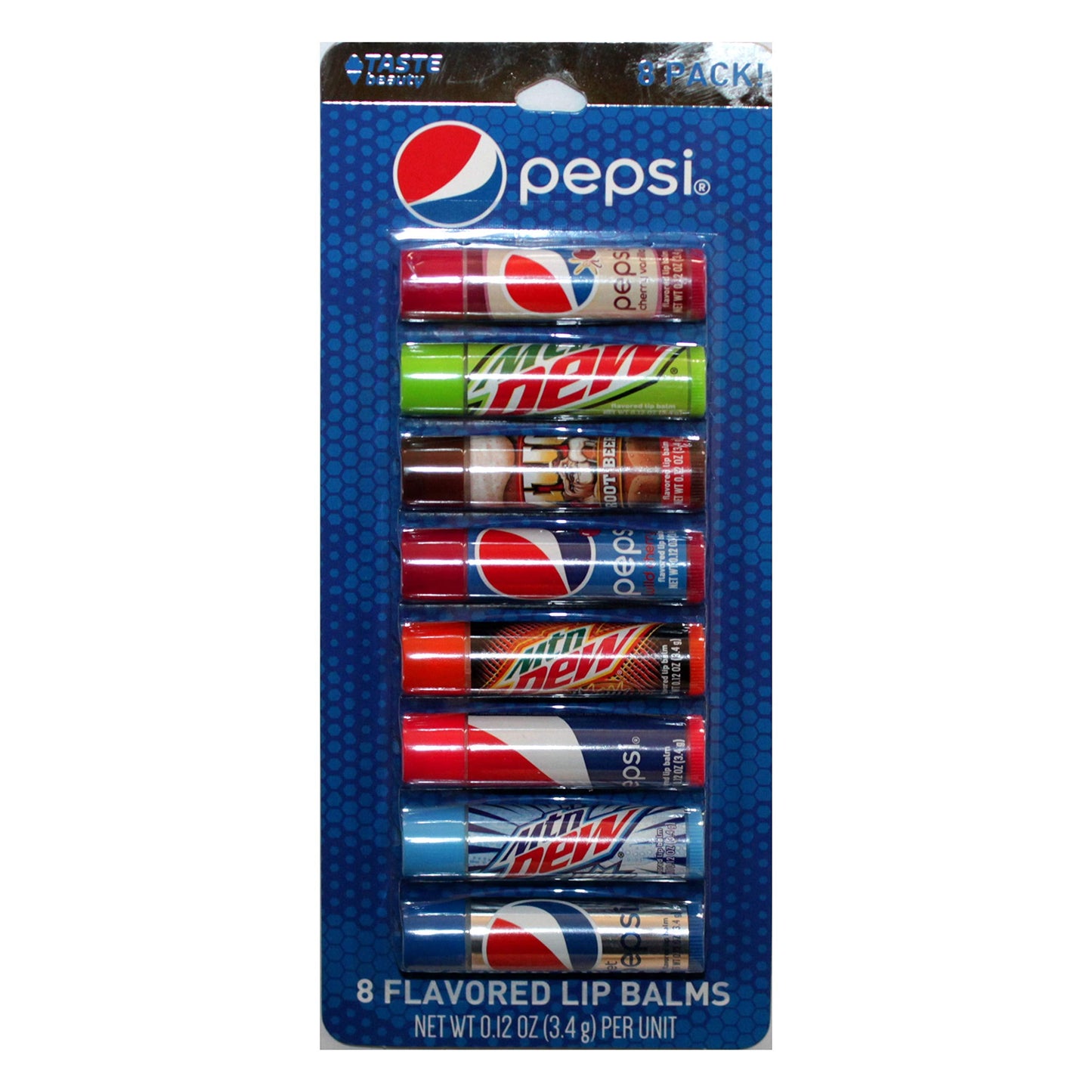 Taste Beauty (1) Party Pack Pepsi - 8pc Soda Flavored Lip Balm Sticks - Flavors: Cherry Vanilla, Mountain Dew, Mug Root Beer, Wild Cherry, Livewire Beauty & Personal Care Taste Beauty