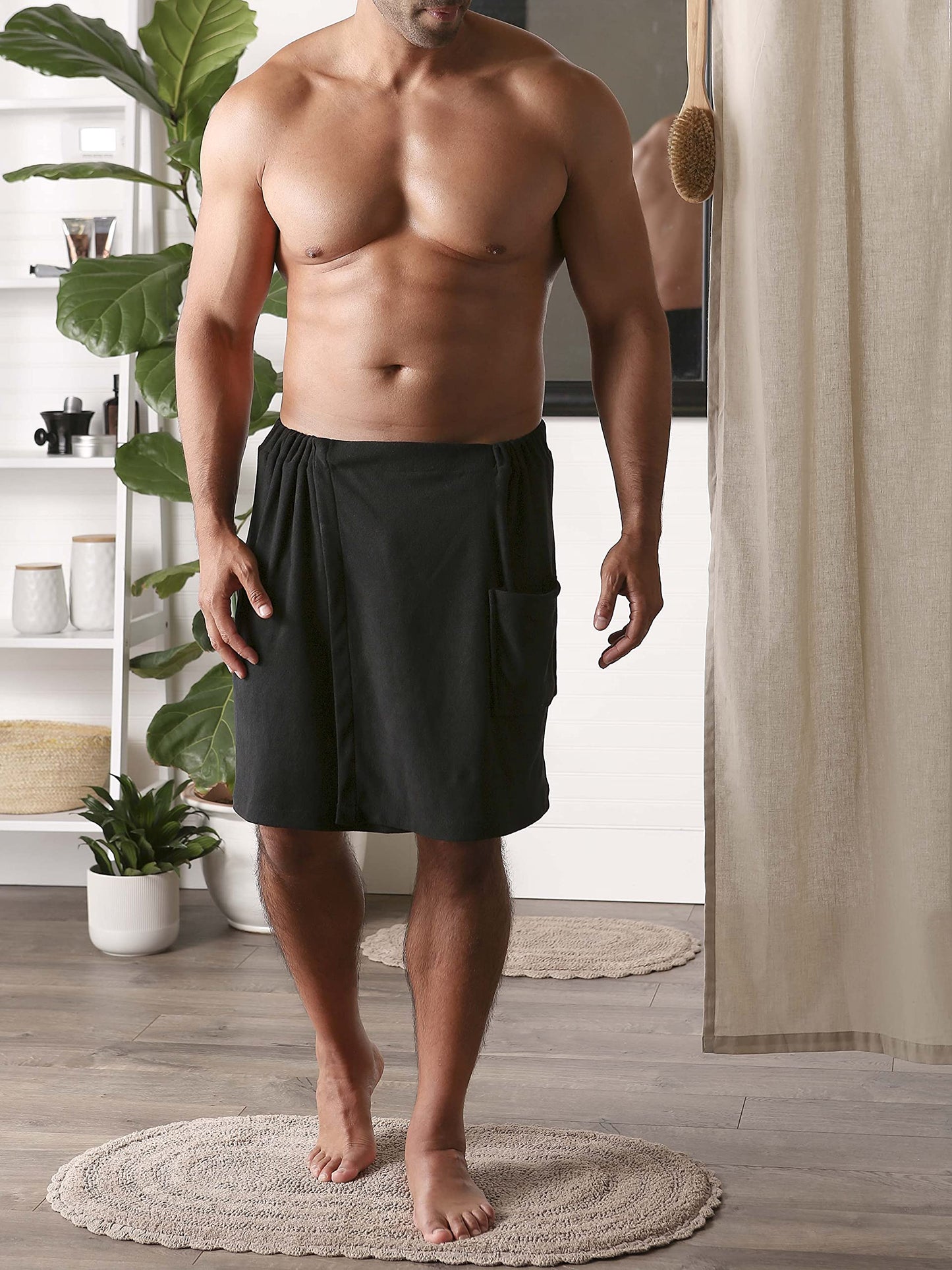 DII Men's Terry Shower Wrap Collection Adjustable Closure and Pocket, 54x20, Black Beauty and Personal Care DII
