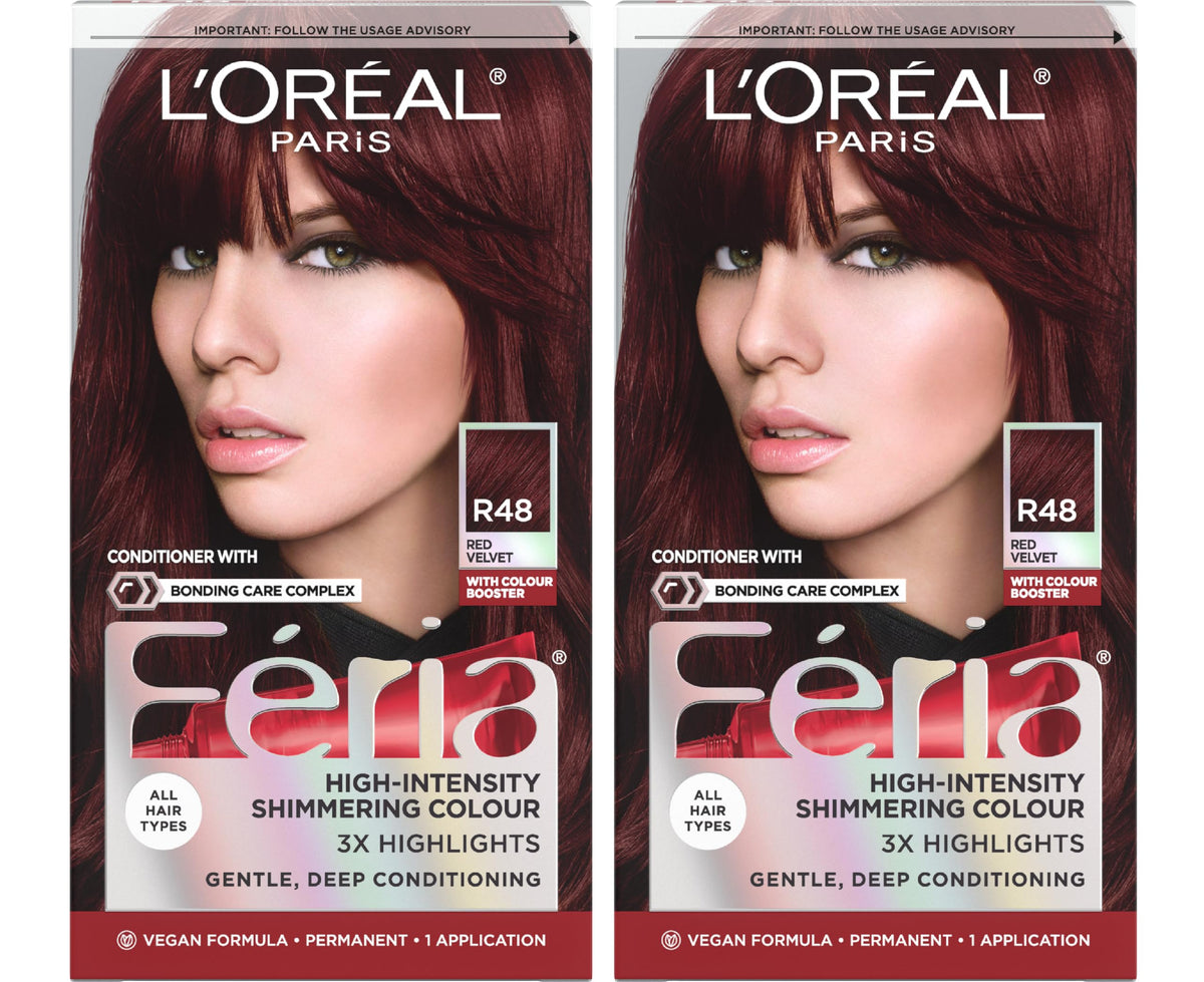 L'Oreal Paris Feria Multi-Faceted Shimmering Permanent Hair Color, R48 Intense Deep Auburn, Hair Dye Kit, Pack of 2