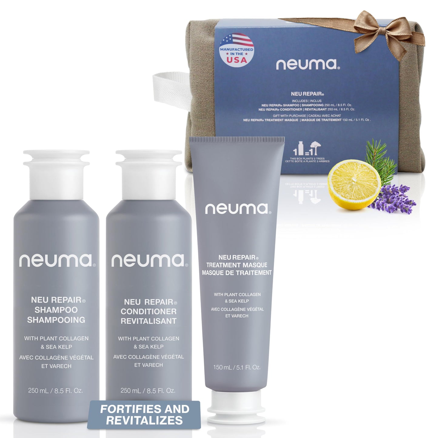 Neuma Neu Repair Shampoo & Conditioner Gift Set 8.5 FL Oz With Hair Repair Treatment Masque 5.1 FL Oz | Restores & Strengthens Damaged Hair | Lemon Beauty & Personal Care NEUMA