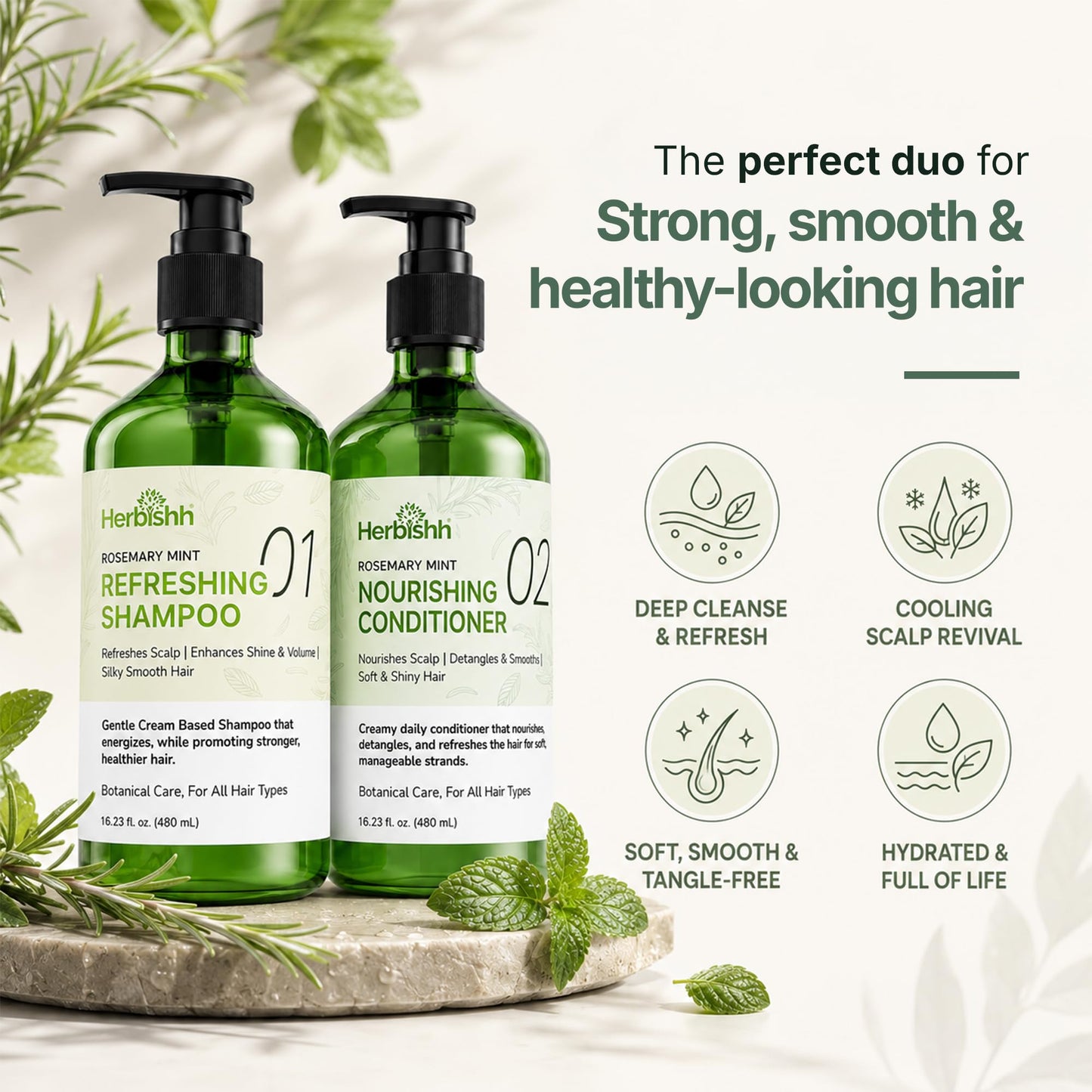 Herbishh Rosemary Mint Shampoo & Conditioner Set (16.23 fl. oz Each), Clarifying Shampoo for Oily Hair, Helps Remove Oil & Residue, Nourish Smooth Beauty & Personal Care Herbishh