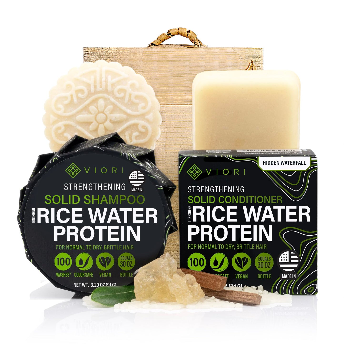 Viori Hidden Waterfall Shampoo and Conditioner Bar Set and Bamboo Holder - Made with Rice Water for Hair Growth - Handcrafted Sulfate Free Shampoo Beauty & Personal Care Viori