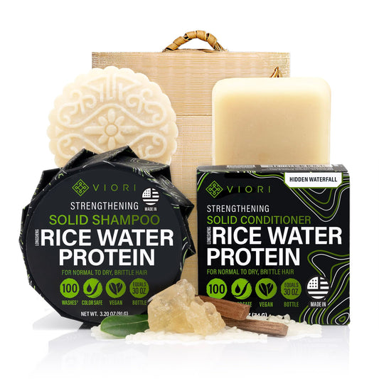 Viori Hidden Waterfall Shampoo and Conditioner Bar Set and Bamboo Holder - Made with Rice Water for Hair Growth - Handcrafted Sulfate Free Shampoo Beauty & Personal Care Viori
