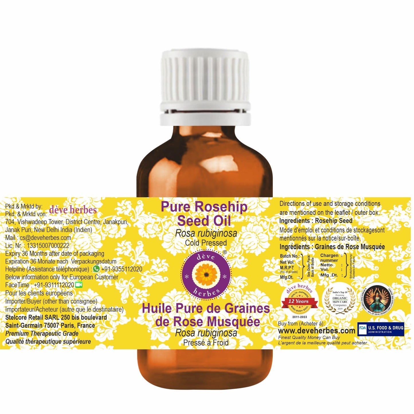 dève herbes Pure Rosehip Oil (Rosa rubiginosa) Cold Pressed 100ml (3.38oz) Beauty and Personal Care dève herbes