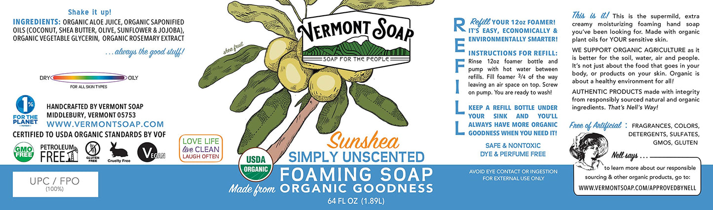VERMONT SOAP Organic Unscented Foaming Hand Soap - Natural Moisturizing Soap for Dry Skin - Fragrance Free Liquid Bathroom Hand Soap - Simply Beauty & Personal Care VERMONT SOAP