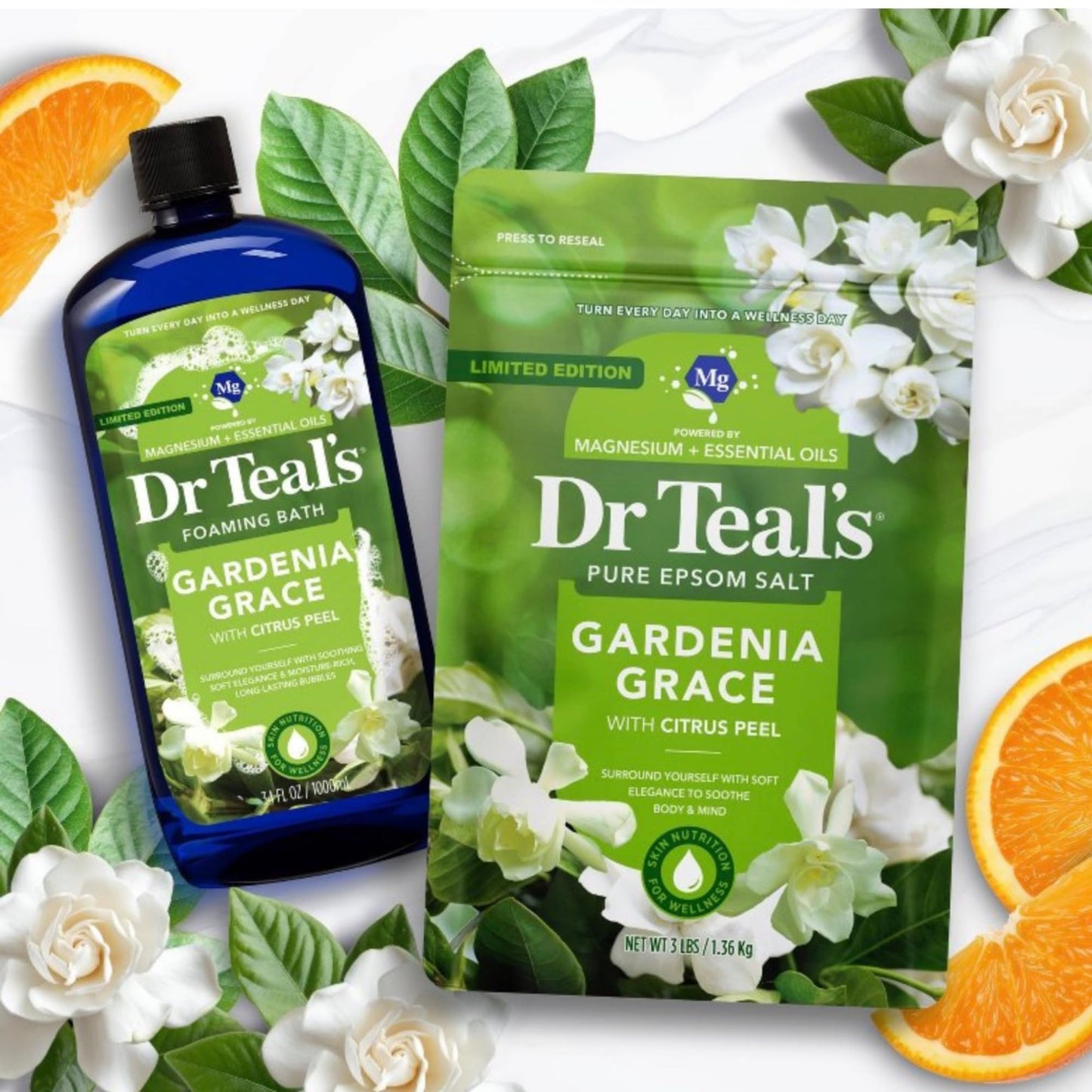 Dr Teal's Gardenia Grace Limited Edition Bath Set with Citrus Peel, Pure Epsom Salt and Foaming Bath Duo, Magnesium Sulfate with Essential Oils Beauty and Personal Care Dr Teal's